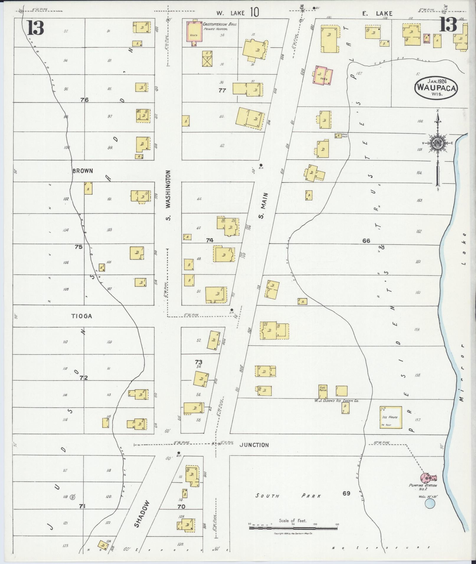 Sanborn Fire Insurance Map from Waupaca, Waupaca County, Wisconsin (1924), Sheet #0013 - Complete Map Set gallery image, historic Sanborn map, vintage wall art, Wisconsin Wisconsin