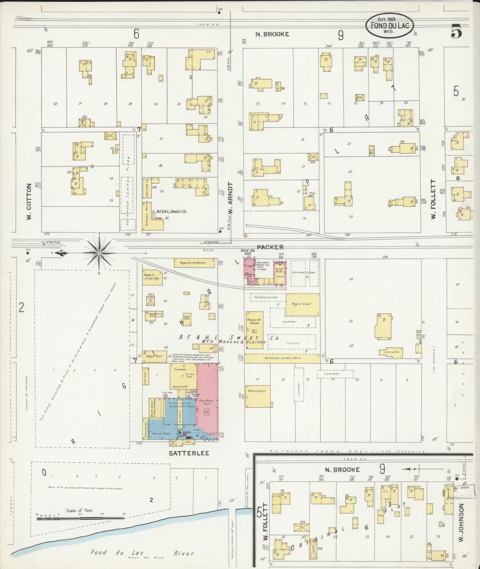 Sanborn Fire Insurance Map from Fond du Lac, Fond du Lac County, Wisconsin (1908), Sheet #0005 - Historic Sanborn Fire Insurance Map Print, vintage old map wall art, antique decor, genealogy gift, Wisconsin Wisconsin map