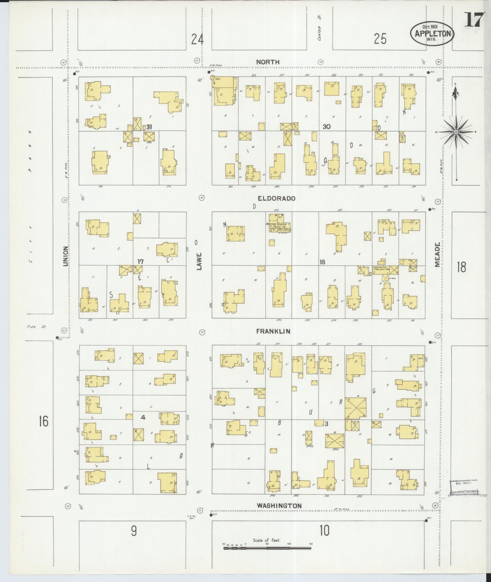 Sanborn Fire Insurance Map from Appleton, Outagamie County, Wisconsin (1901), Sheet #0017 - Historic Sanborn Fire Insurance Map Print, vintage old map wall art, antique decor, genealogy gift, Wisconsin Wisconsin map