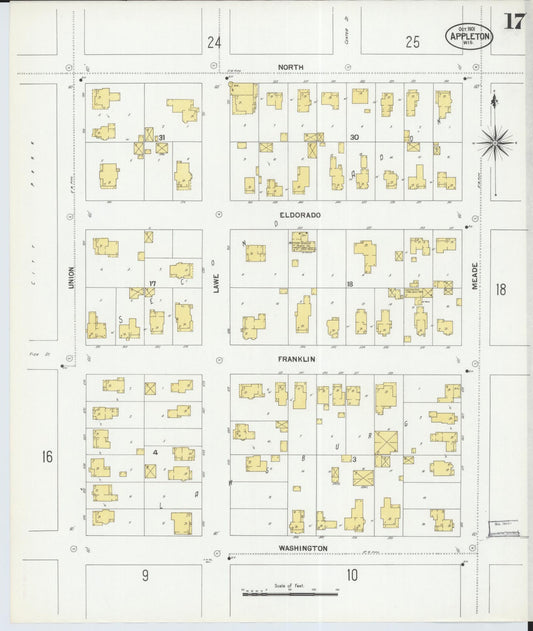 Sanborn Fire Insurance Map from Appleton, Outagamie County, Wisconsin (1901), Sheet #0017 - Historic Sanborn Fire Insurance Map Print, vintage old map wall art, antique decor, genealogy gift, Wisconsin Wisconsin map