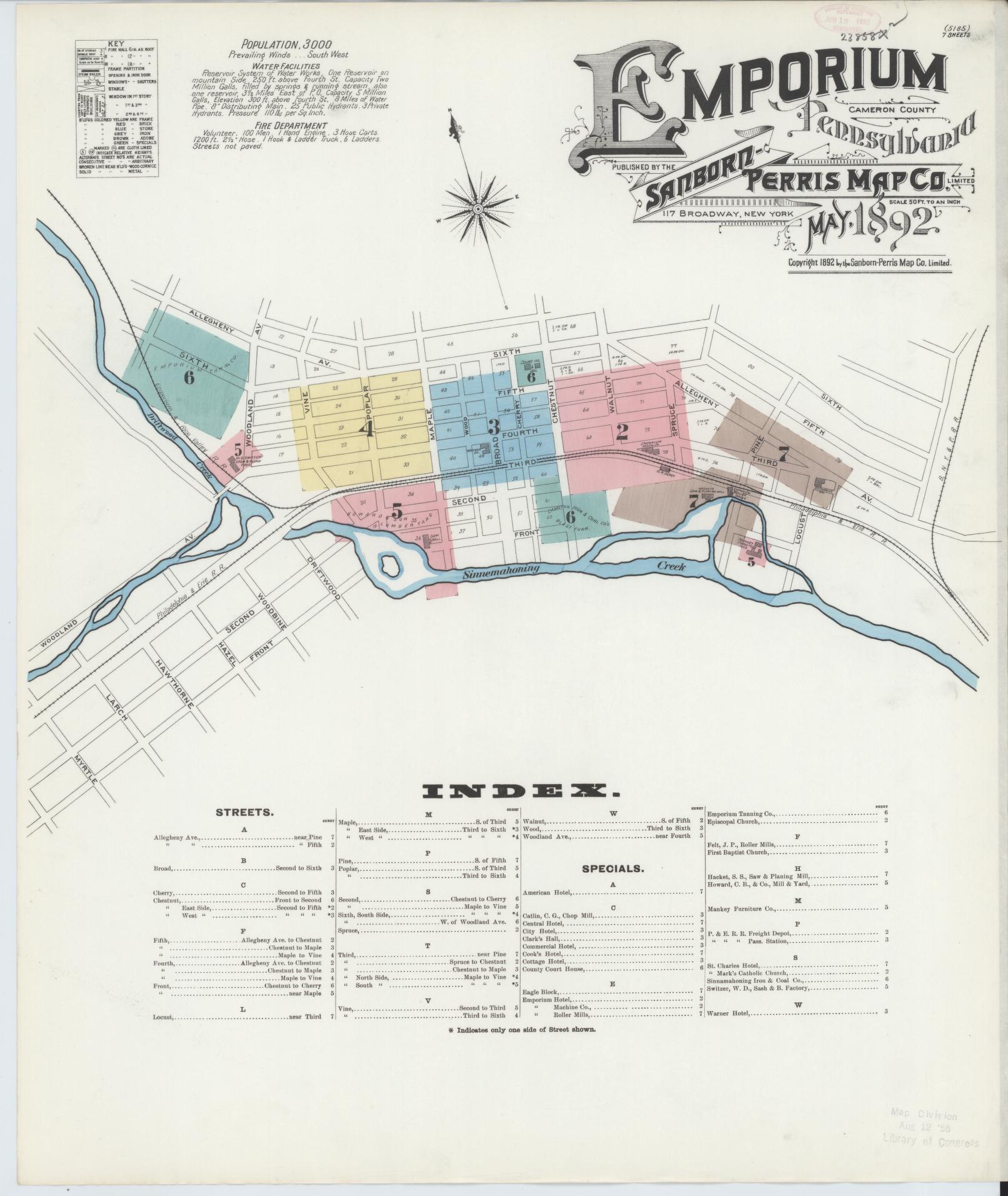 Sanborn Fire Insurance Map from Emporium, Cameron County, Pennsylvania (1892), Sheet #0001 - Historic Sanborn Fire Insurance Map Print, vintage old map wall art, antique decor, genealogy gift, Pennsylvania Pennsylvania map