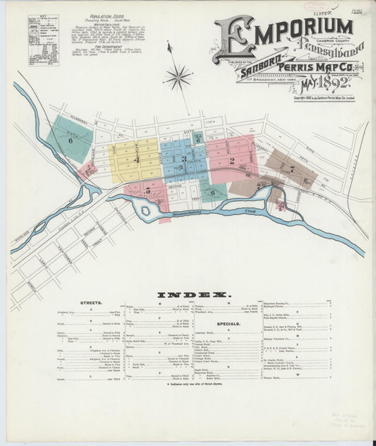 Sanborn Fire Insurance Map from Emporium, Cameron County, Pennsylvania (1892), Sheet #0001 - Historic Sanborn Fire Insurance Map Print, vintage old map wall art, antique decor, genealogy gift, Pennsylvania Pennsylvania map