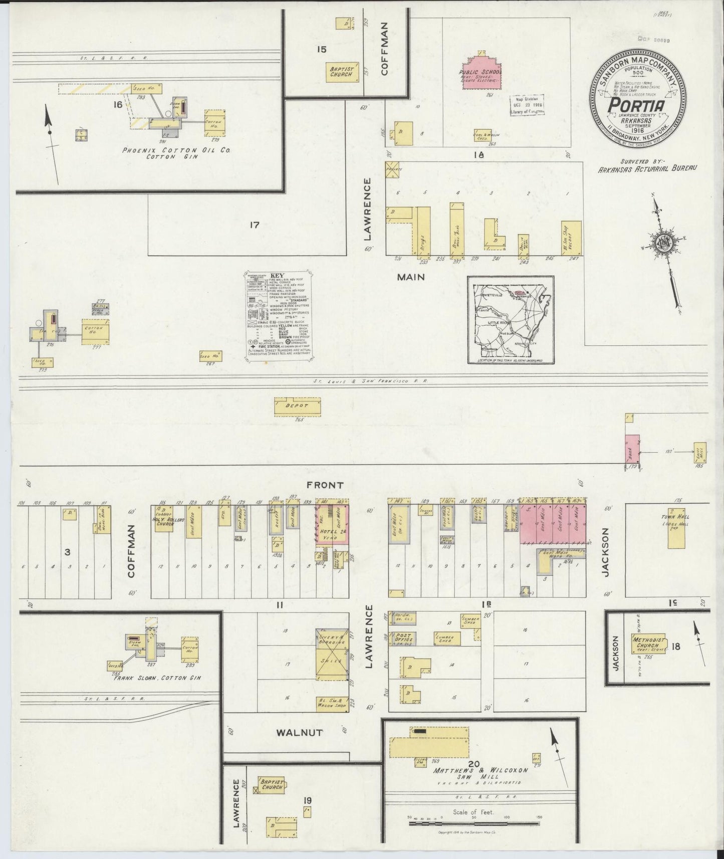 Sanborn Fire Insurance Map from Portia, Lawrence County, Arkansas (1916), Sheet #0001 - Historic Sanborn Fire Insurance Map Print, vintage old map wall art, antique decor, genealogy gift, Arkansas Arkansas map