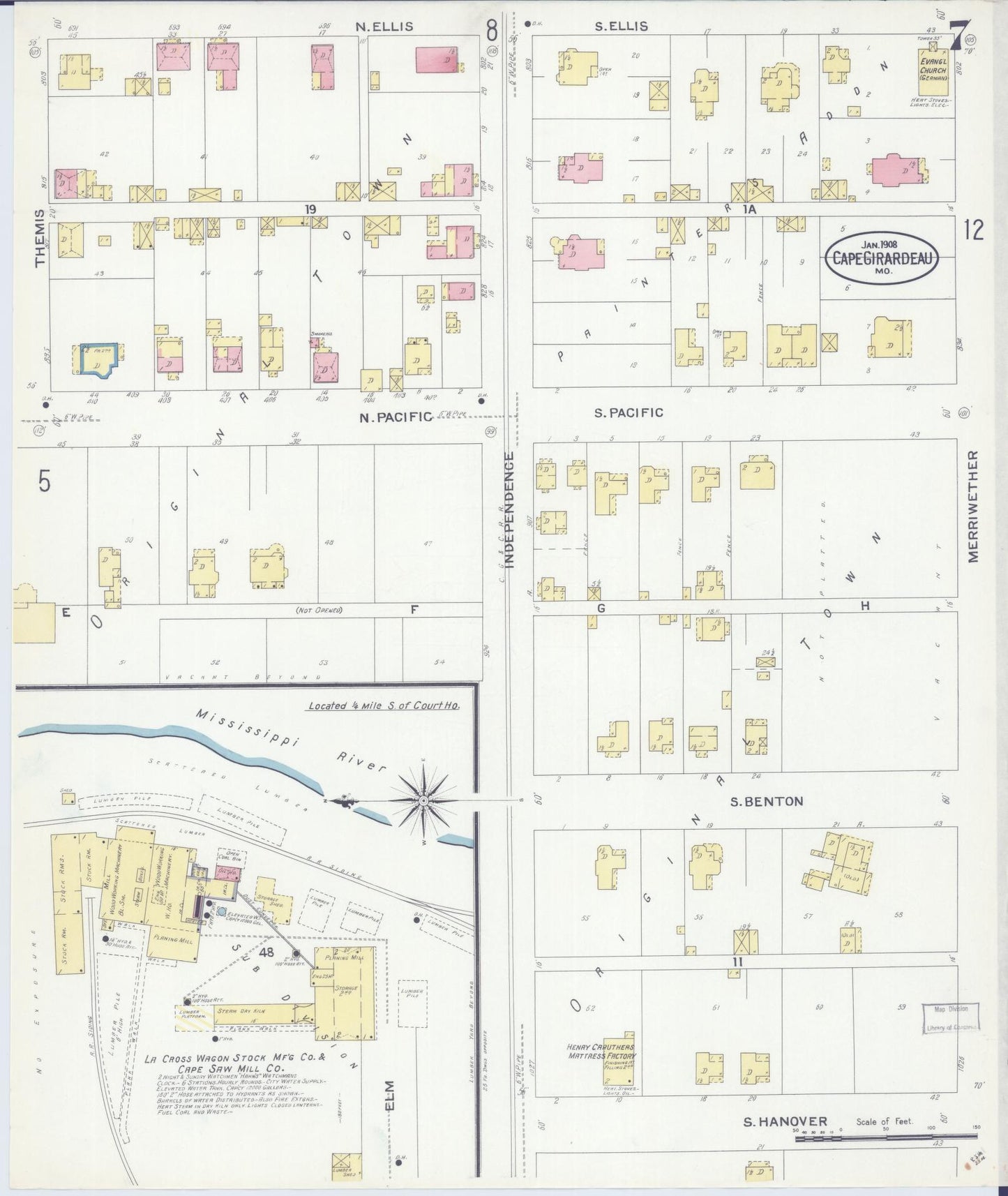 Sanborn Fire Insurance Map from Cape Girardeau, Cape Girardeau County, Missouri (1908), Sheet #0007 - Complete Map Set gallery image, historic Sanborn map, vintage wall art, Missouri Missouri