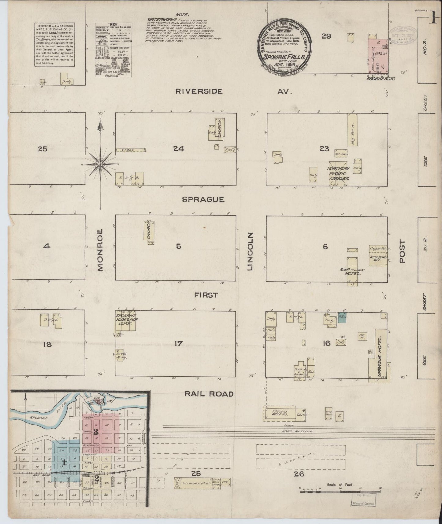 Sanborn Fire Insurance Map from Spokane, Spokane County, Washington (1884), Sheet #0001 - Complete Map Set gallery image, historic Sanborn map, vintage wall art, Washington Washington
