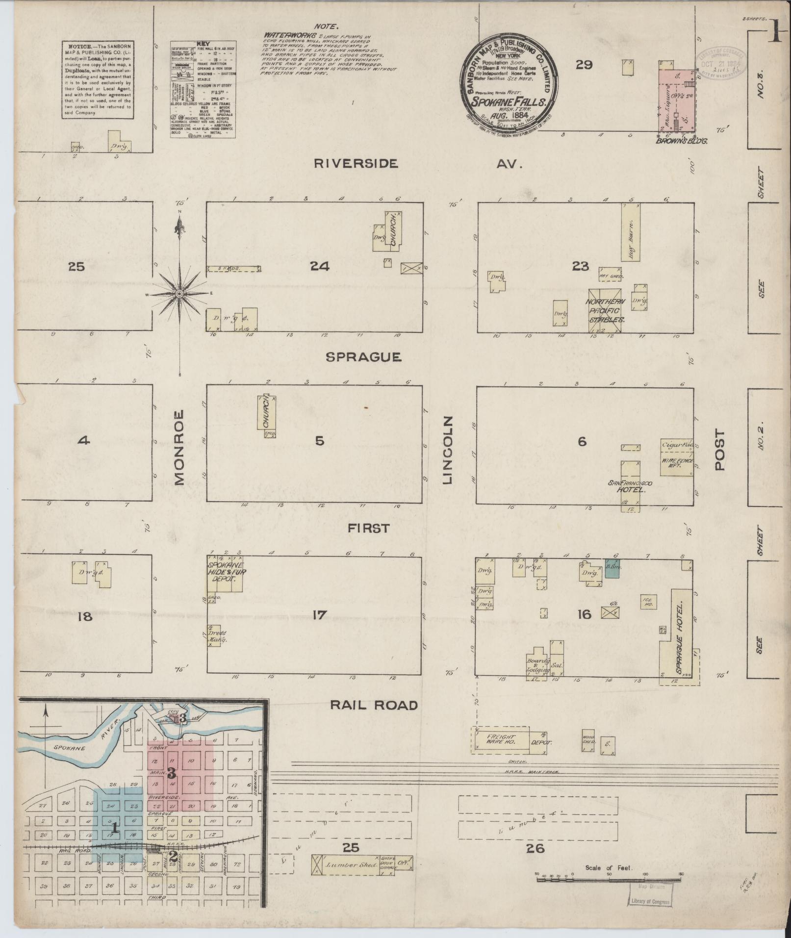 Sanborn Fire Insurance Map from Spokane, Spokane County, Washington (1884), Sheet #0001 - Complete Map Set gallery image, historic Sanborn map, vintage wall art, Washington Washington
