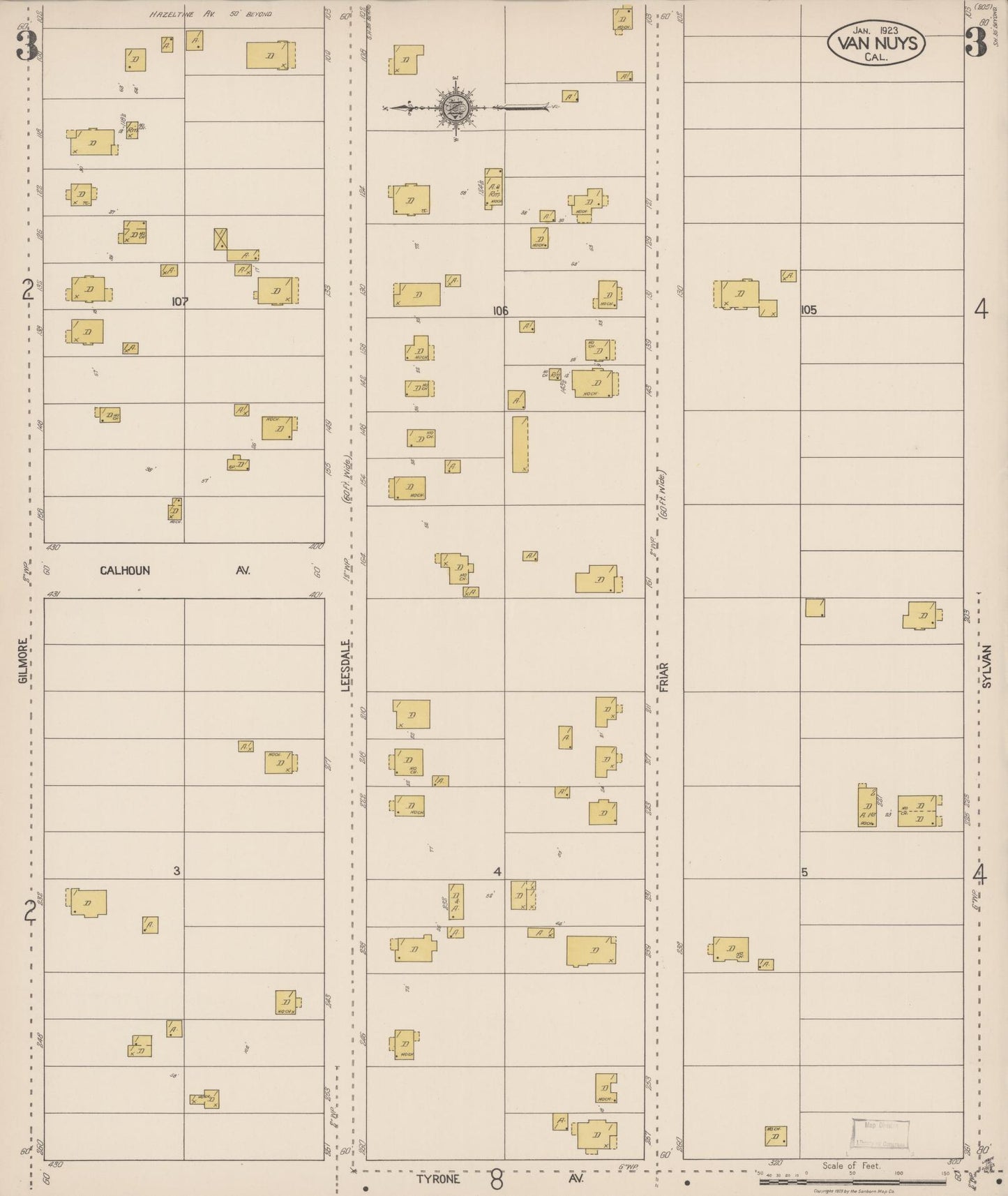 Sanborn Fire Insurance Map from Van Nuys, Los Angeles County, California (1923), Sheet #0003 - Complete Map Set gallery image, historic Sanborn map, vintage wall art, California California