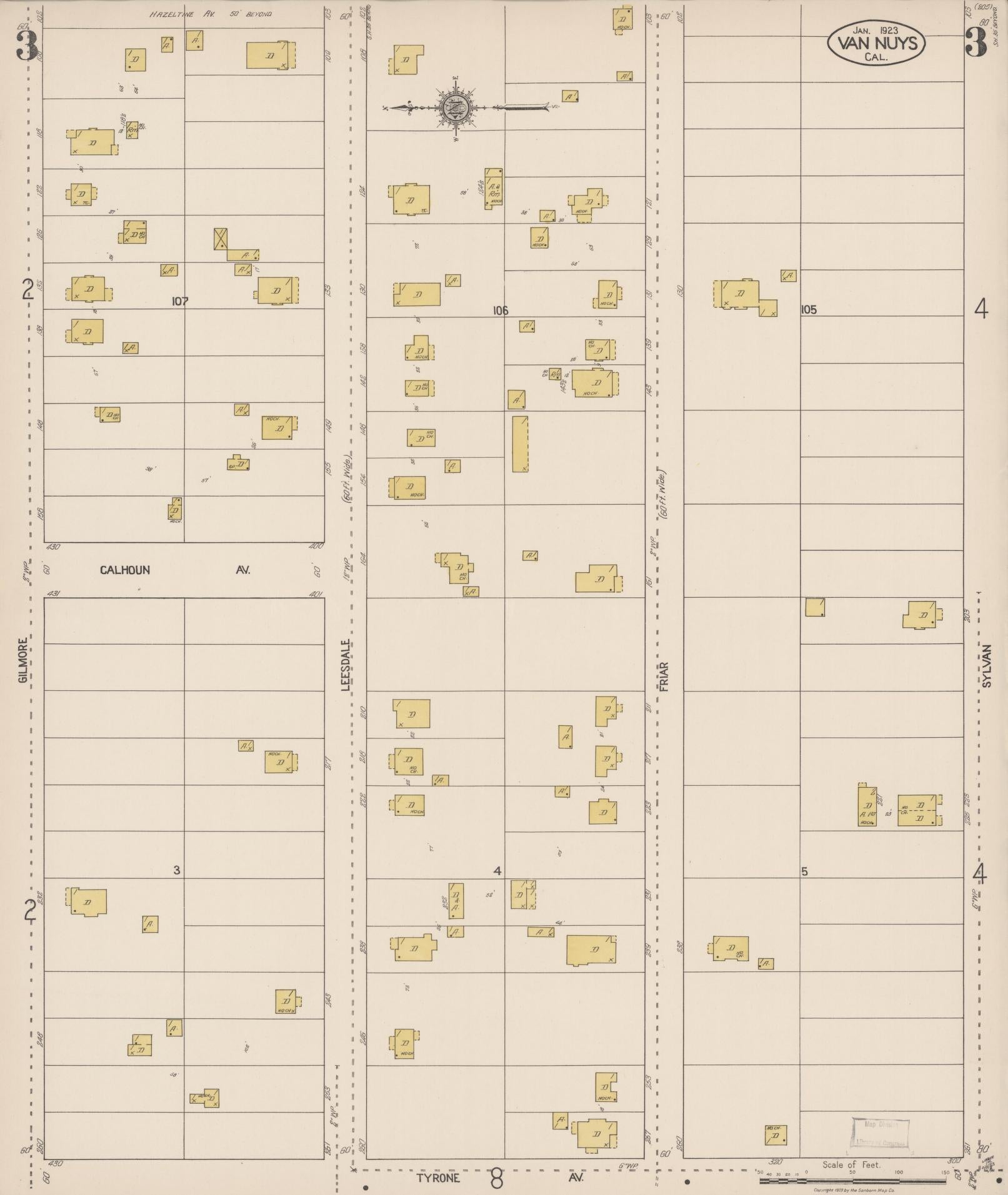 Sanborn Fire Insurance Map from Van Nuys, Los Angeles County, California (1923), Sheet #0003 - Complete Map Set gallery image, historic Sanborn map, vintage wall art, California California