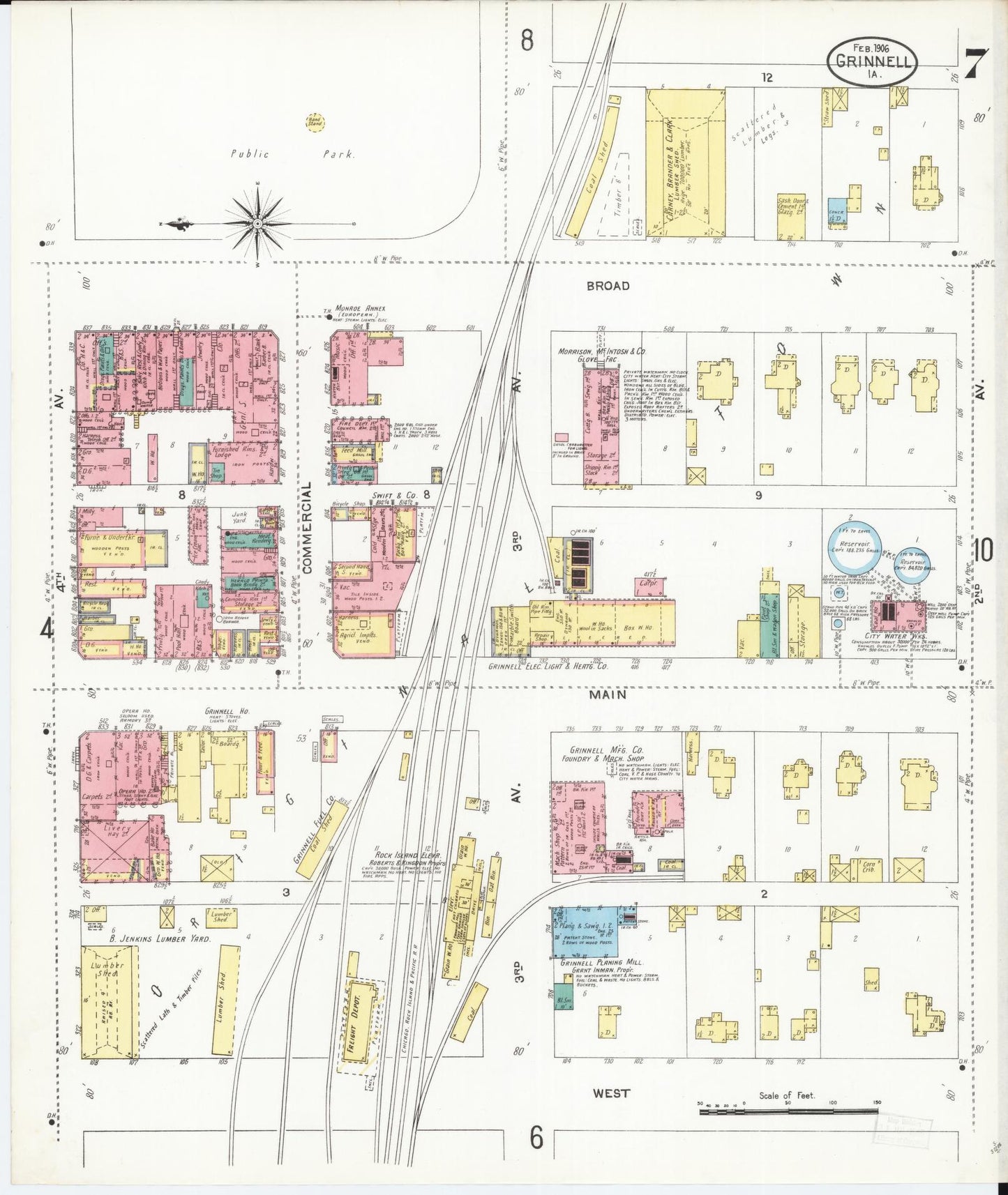 Sanborn Fire Insurance Map from Grinnell, Poweshiek County, Iowa (1906), Sheet #0007 - Historic Sanborn Fire Insurance Map Print, vintage old map wall art