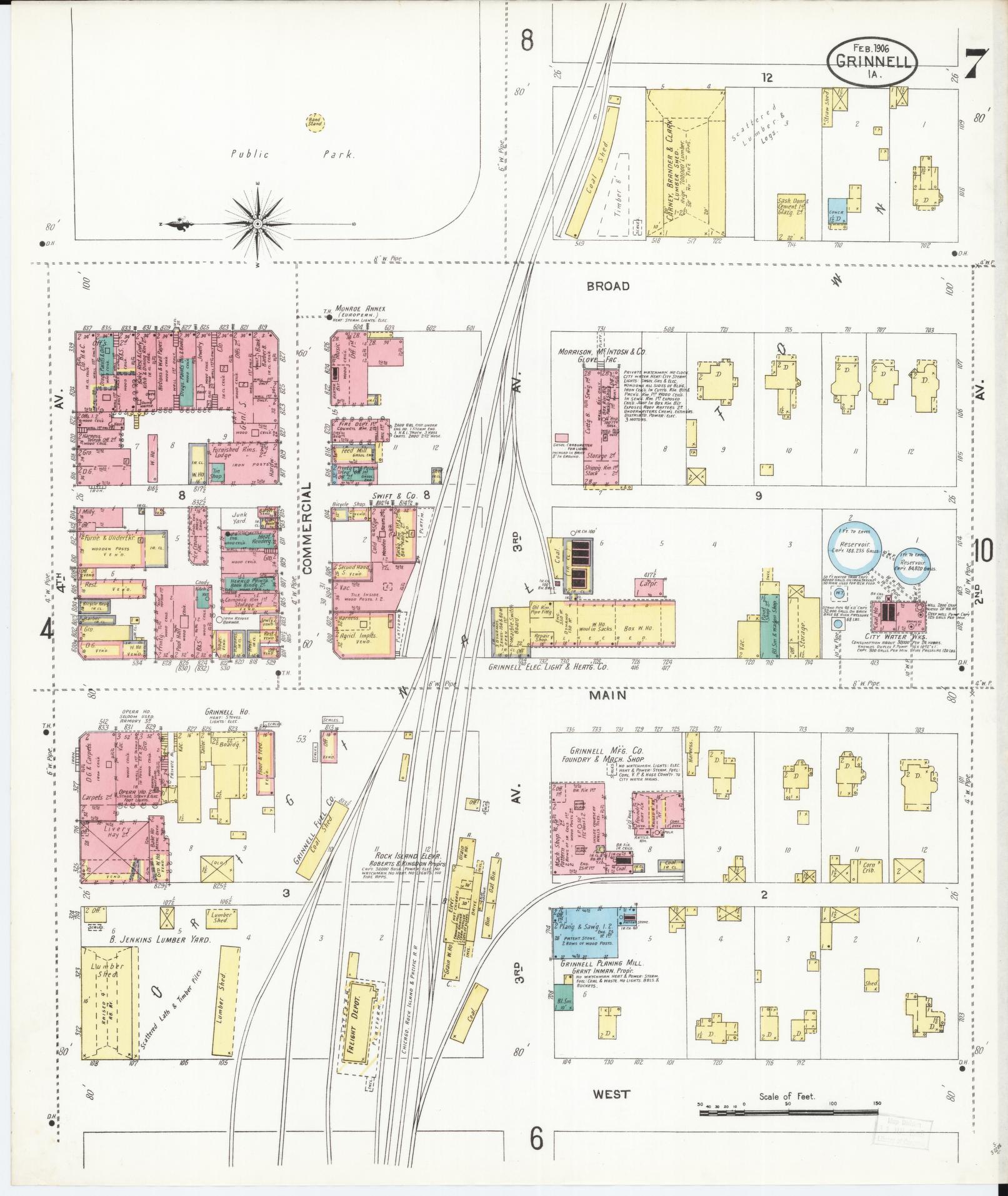 Sanborn Fire Insurance Map from Grinnell, Poweshiek County, Iowa (1906), Sheet #0007 - Historic Sanborn Fire Insurance Map Print, vintage old map wall art