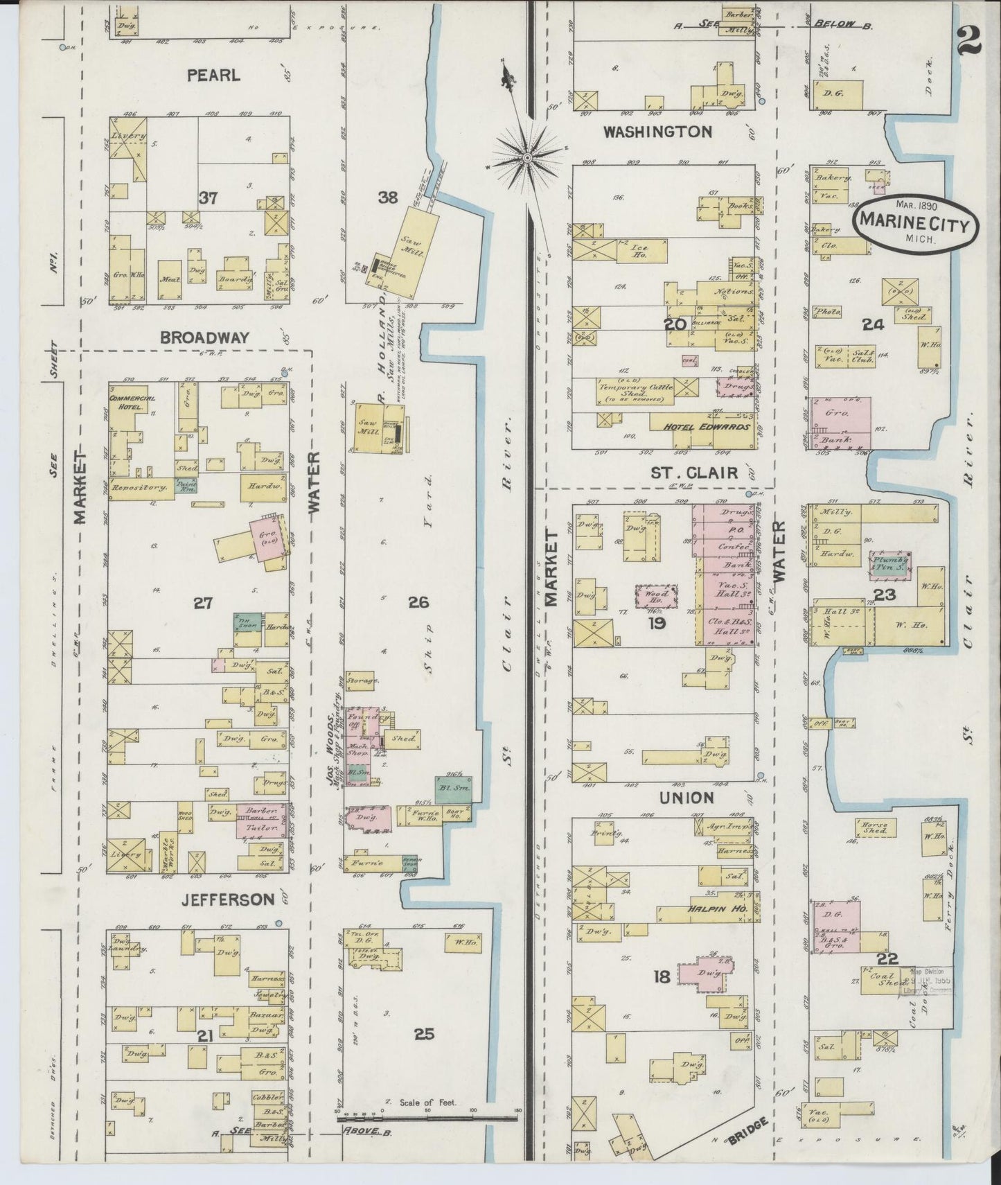 Sanborn Fire Insurance Map from Marine City, Saint Clair County, Michigan (1890), Sheet #0002 - Complete Map Set gallery image, historic Sanborn map, vintage wall art, Michigan Michigan