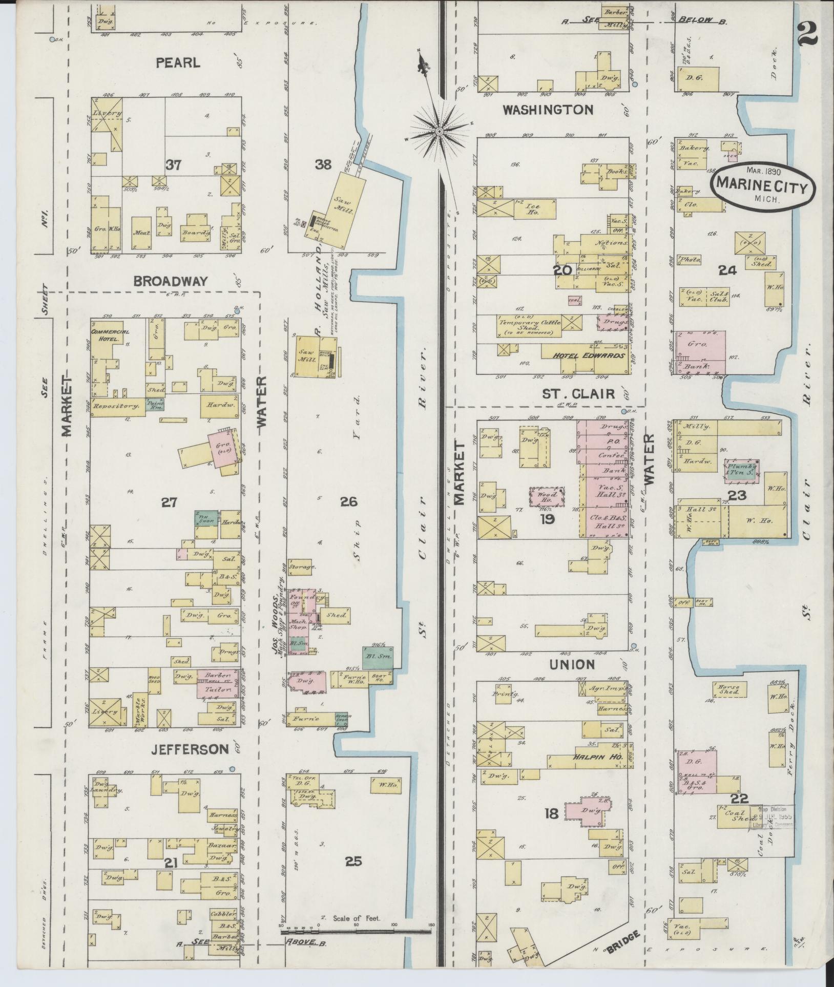 Sanborn Fire Insurance Map from Marine City, Saint Clair County, Michigan (1890), Sheet #0002 - Complete Map Set gallery image, historic Sanborn map, vintage wall art, Michigan Michigan