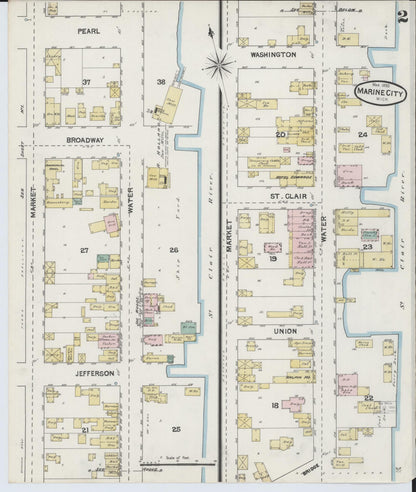 Sanborn Fire Insurance Map from Marine City, Saint Clair County, Michigan (1890), Sheet #0002 - Complete Map Set gallery image, historic Sanborn map, vintage wall art, Michigan Michigan