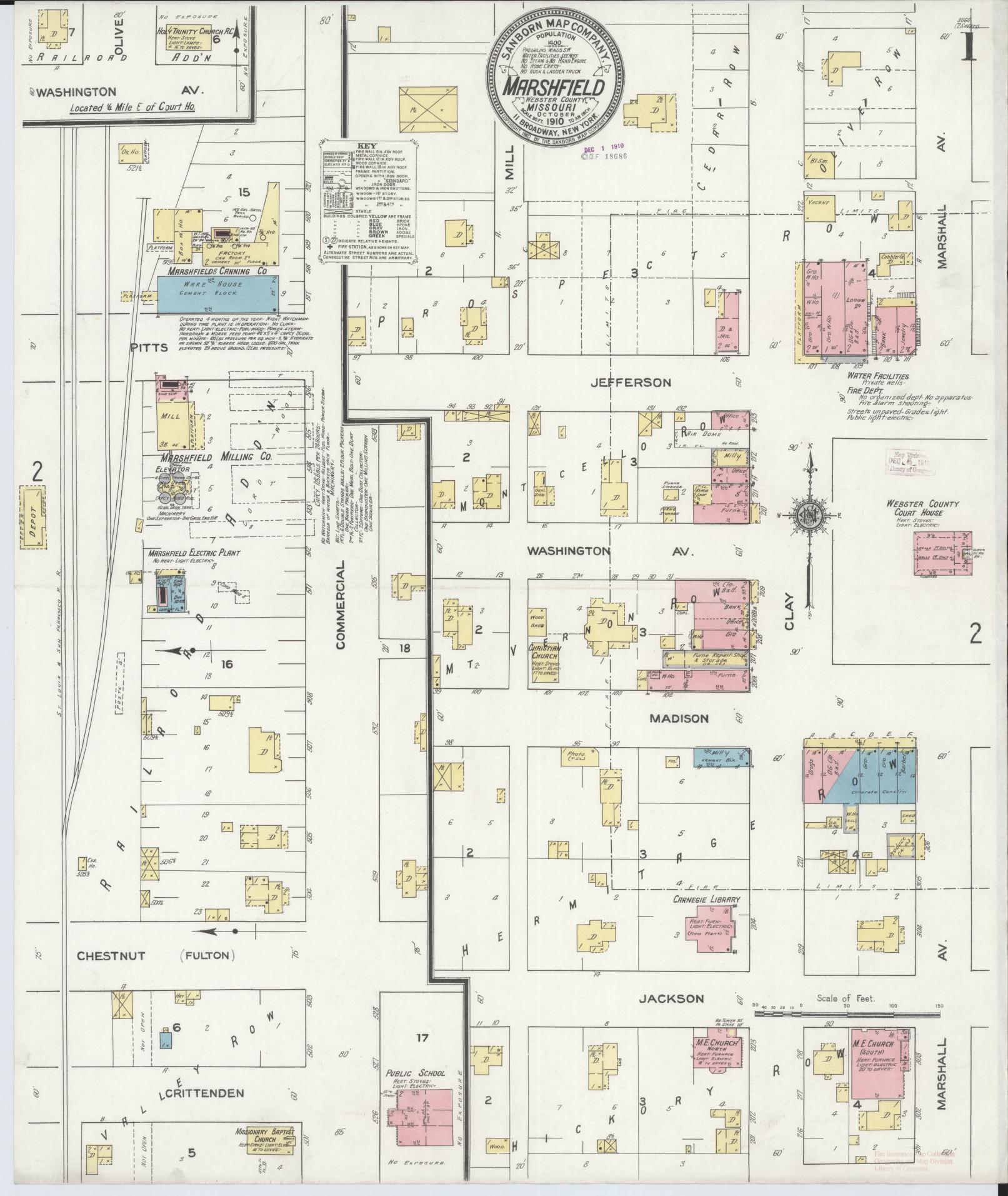 Sanborn Fire Insurance Map from Marshfield, Webster County, Missouri (1910), Sheet #0001 - Historic Sanborn Fire Insurance Map Print, vintage old map wall art, antique decor, genealogy gift, Missouri Missouri map