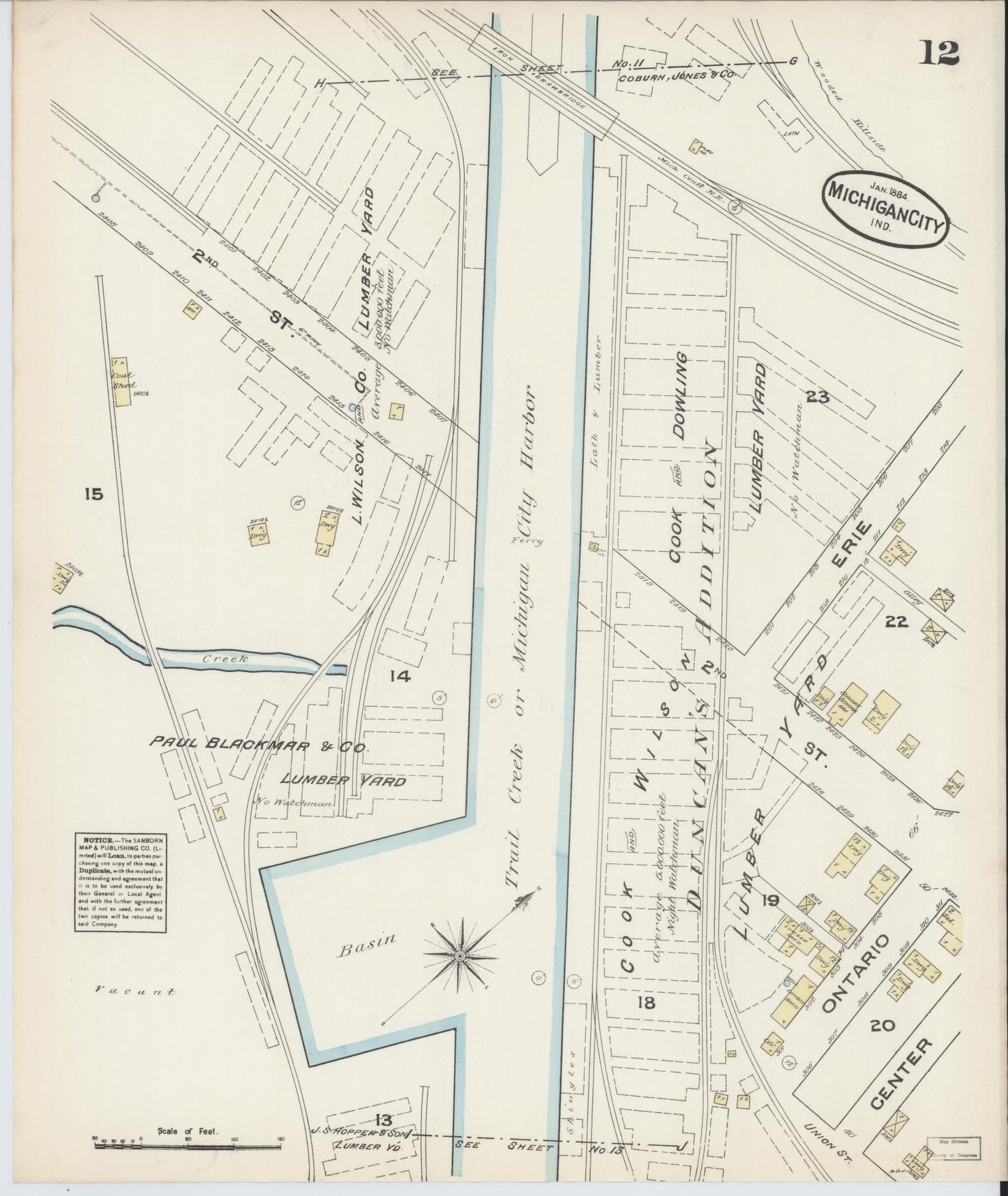 Sanborn Fire Insurance Map from Michigan City, La Porte  County, Indiana (1884), Sheet #0012 - Historic Sanborn Fire Insurance Map Print, vintage old map wall art, antique decor, genealogy gift, Michigan Michigan map