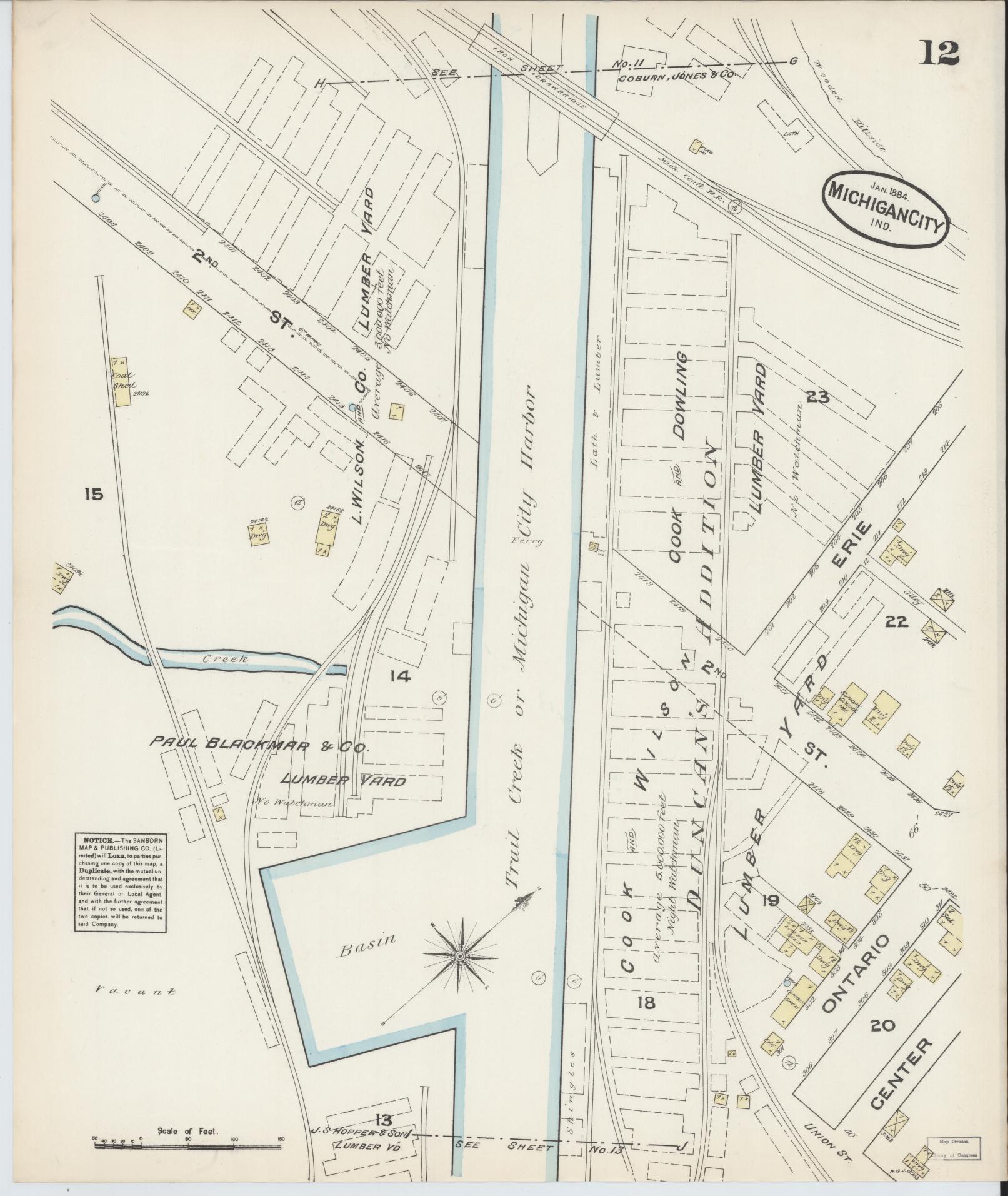 Sanborn Fire Insurance Map from Michigan City, La Porte  County, Indiana (1884), Sheet #0012 - Historic Sanborn Fire Insurance Map Print, vintage old map wall art, antique decor, genealogy gift, Michigan Michigan map