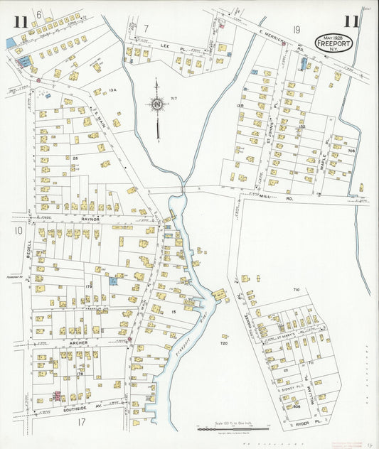 Sanborn Fire Insurance Map from Freeport, Nassau County, New York (1928), Sheet #0011 - Historic Sanborn Fire Insurance Map Print, vintage old map wall art, antique decor, genealogy gift, New York New York map