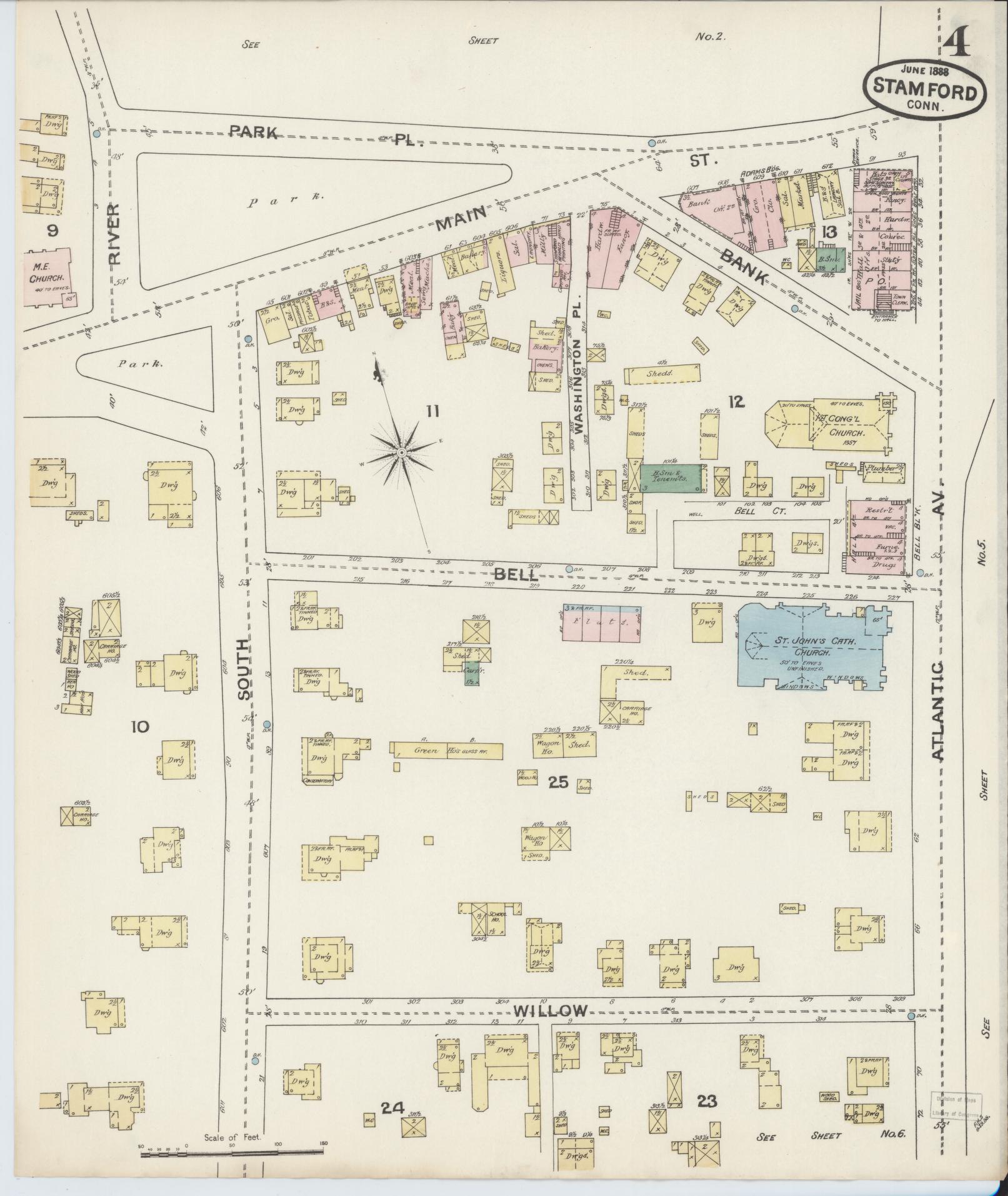 Sanborn Fire Insurance Map from Stamford, Fairfield County, Connecticut (1888), Sheet #0004 - Complete Map Set gallery image, historic Sanborn map, vintage wall art, Connecticut Connecticut