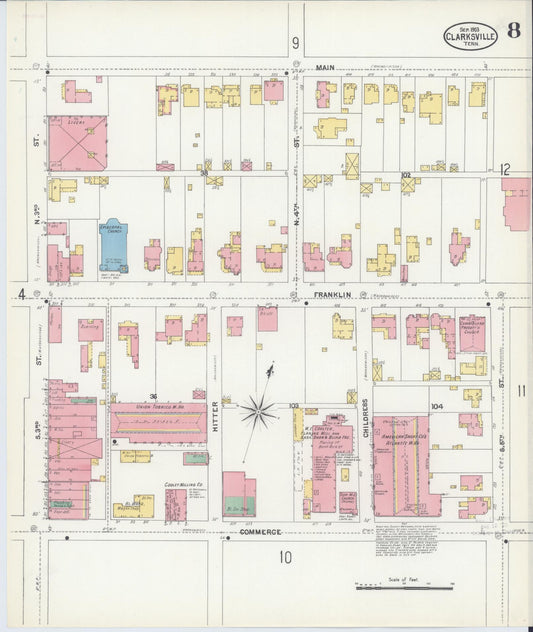 Sanborn Fire Insurance Map from Clarksville, Montgomery County, Tennessee (1903), Sheet #0008 - Historic Sanborn Fire Insurance Map Print, vintage old map wall art, antique decor, genealogy gift, Tennessee Tennessee map