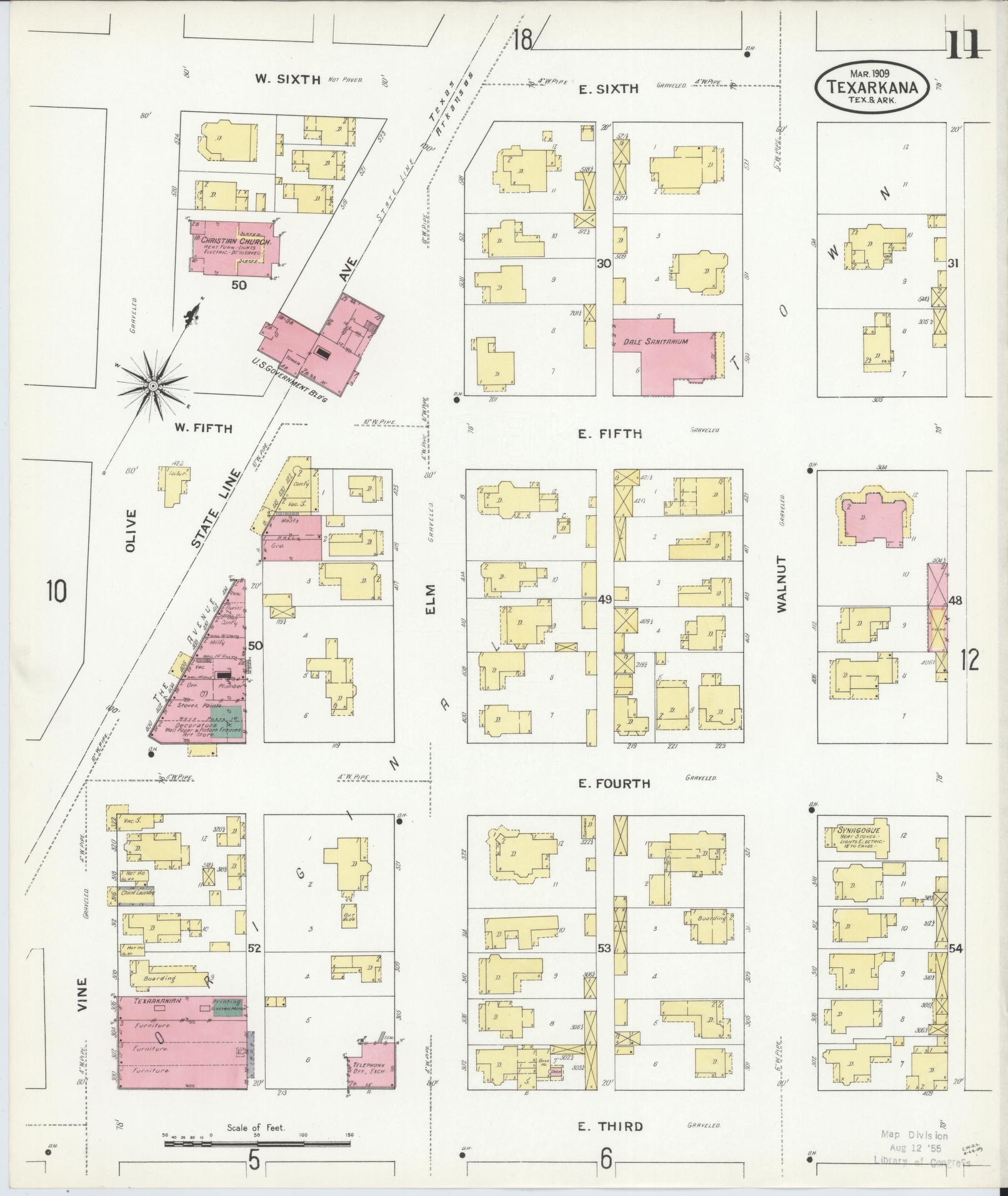 Sanborn Fire Insurance Map from Texarkana, Bowie County, Texas (1909), Sheet #0011 - Complete Map Set gallery image, historic Sanborn map, vintage wall art, Texas Texas