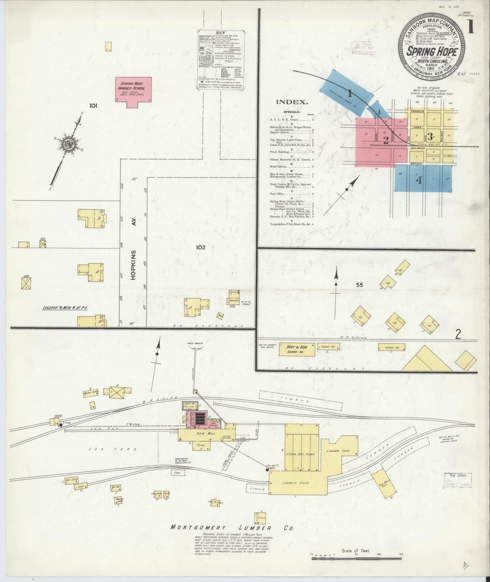 Sanborn Fire Insurance Map from Spring Hope, Nash County, North Carolina (1911), Sheet #0001 - Historic Sanborn Fire Insurance Map Print, vintage old map wall art, antique decor, genealogy gift, North Carolina North Carolina map