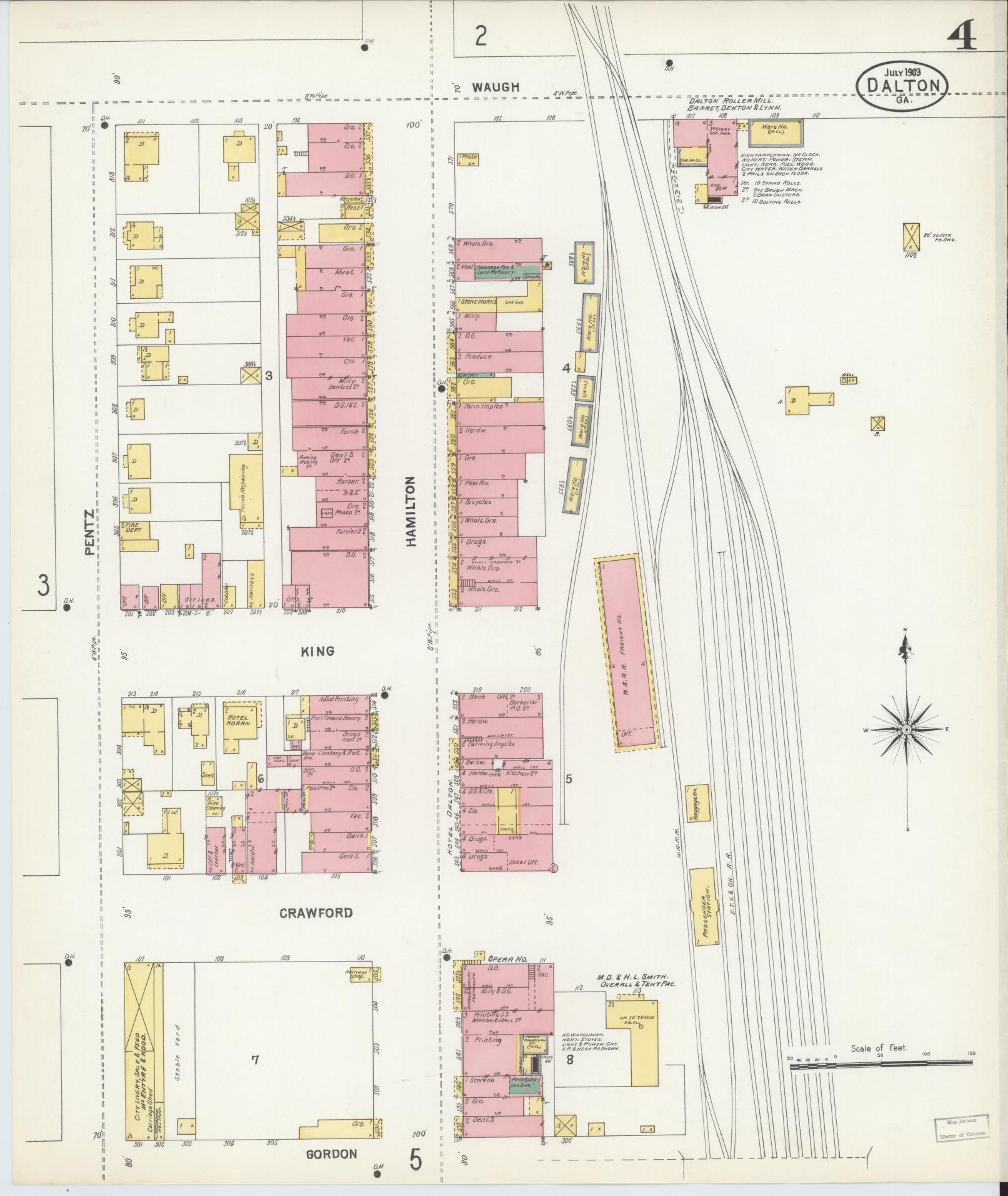 Sanborn Fire Insurance Map from Dalton, Whitfield County, Georgia (1903), Sheet #0004 - Historic Sanborn Fire Insurance Map Print, vintage old map wall art, antique decor, genealogy gift, Georgia Georgia map