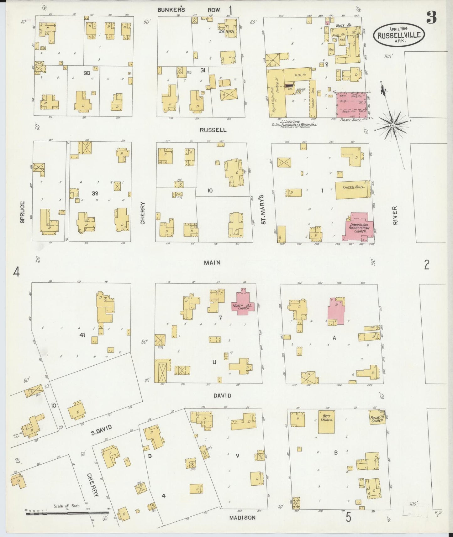 Sanborn Fire Insurance Map from Russellville, Pope County, Arkansas (1904), Sheet #0003 - Historic Sanborn Fire Insurance Map Print, vintage old map wall art, antique decor, genealogy gift, Arkansas Arkansas map