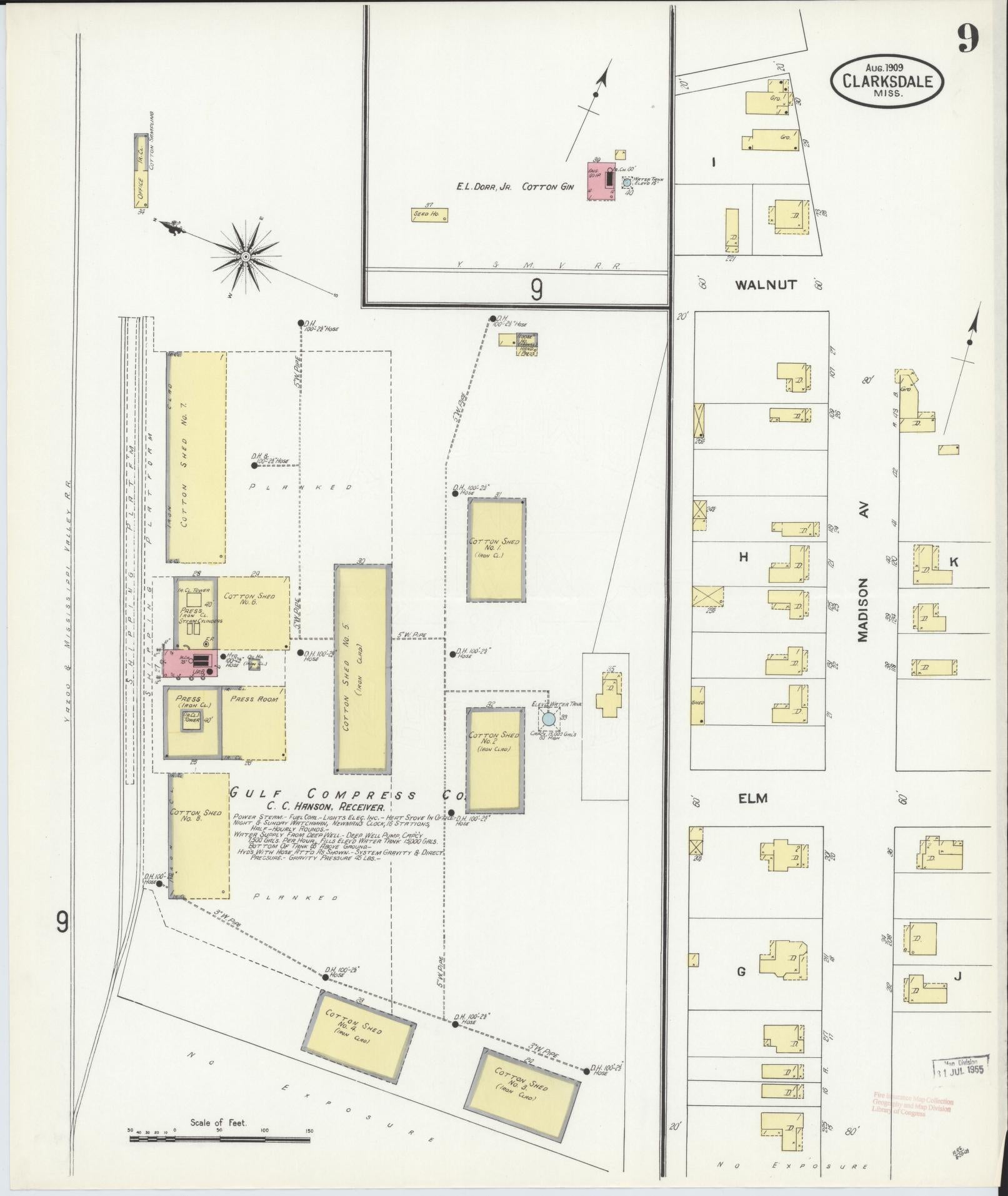 Sanborn Fire Insurance Map from Clarksdale, Coahoma County, Mississippi (1909), Sheet #0009 - Complete Map Set gallery image, historic Sanborn map, vintage wall art, Mississippi Mississippi