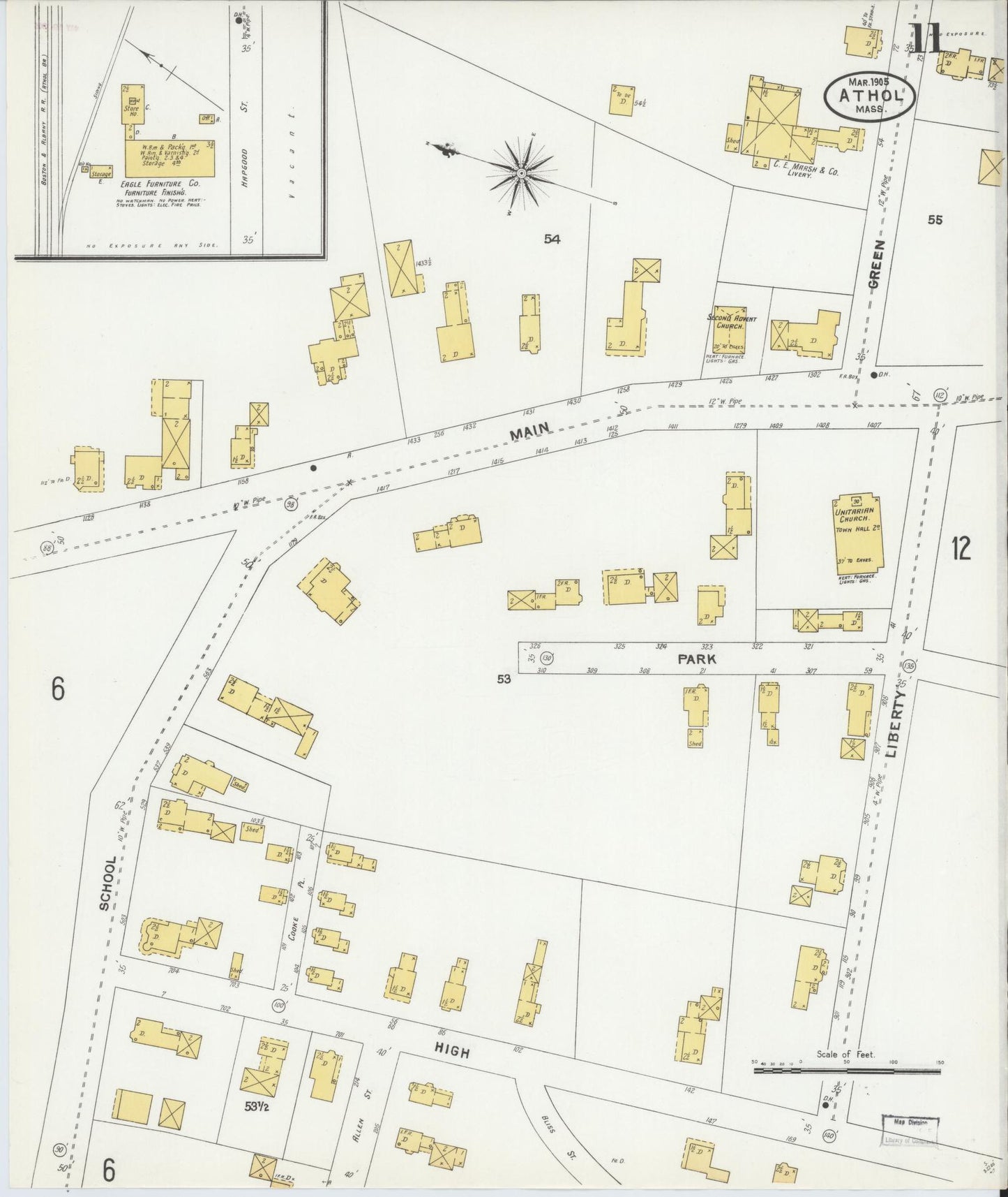 Sanborn Fire Insurance Map from Athol, Worcester County, Massachusetts (1905), Sheet #0011 - Complete Map Set gallery image, historic Sanborn map, vintage wall art, Massachusetts Massachusetts