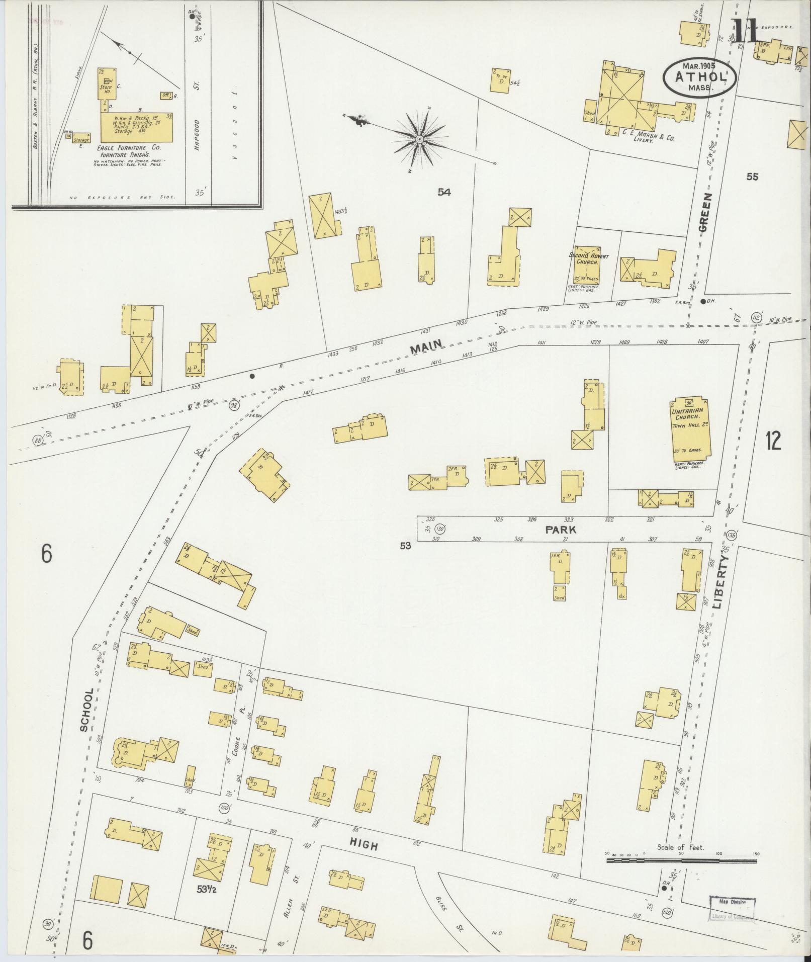 Sanborn Fire Insurance Map from Athol, Worcester County, Massachusetts (1905), Sheet #0011 - Complete Map Set gallery image, historic Sanborn map, vintage wall art, Massachusetts Massachusetts