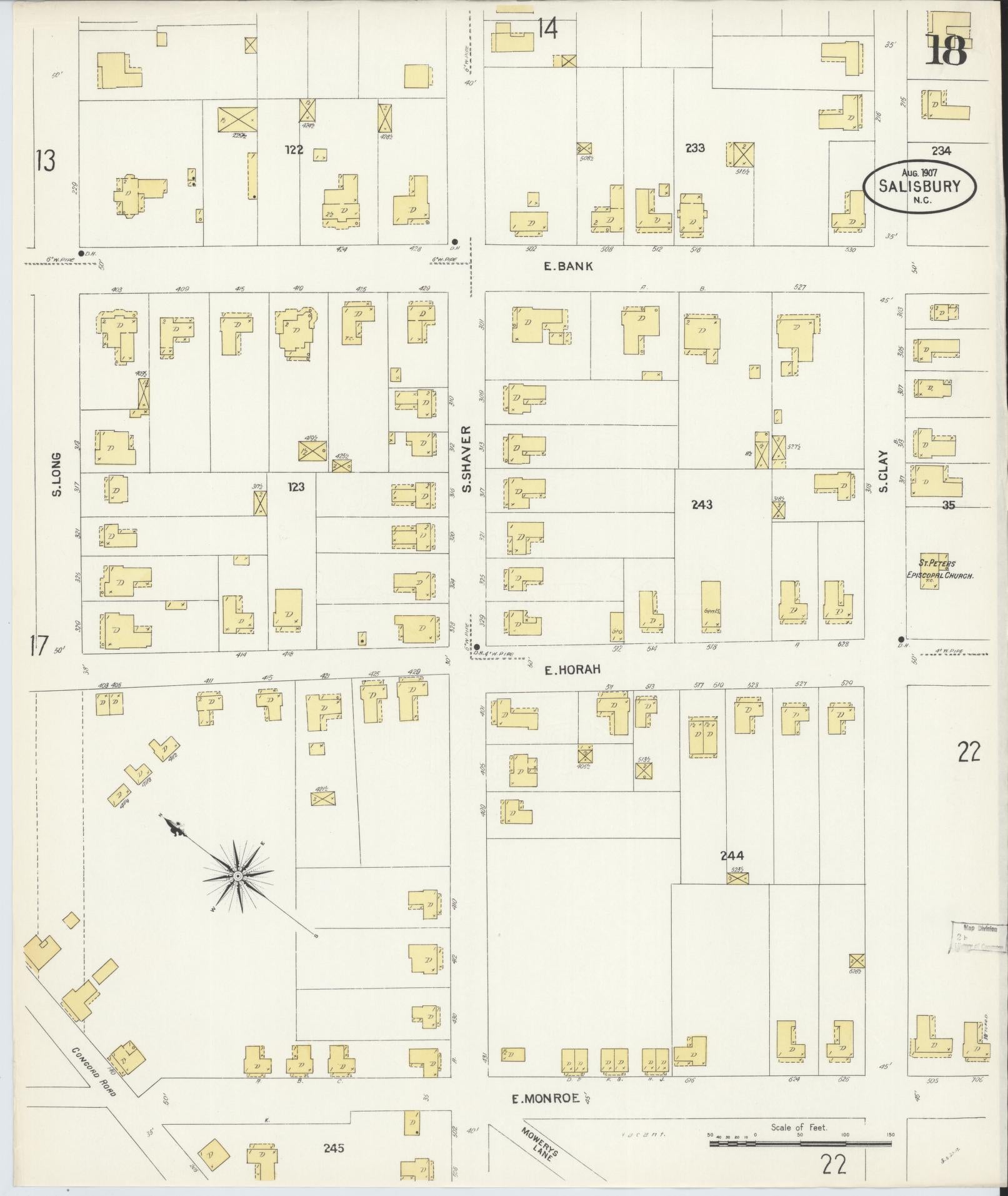Sanborn Fire Insurance Map from Salisbury, Rowan County, North Carolina (1907), Sheet #0018 - Historic Sanborn Fire Insurance Map Print, vintage old map wall art, antique decor, genealogy gift, North Carolina North Carolina map