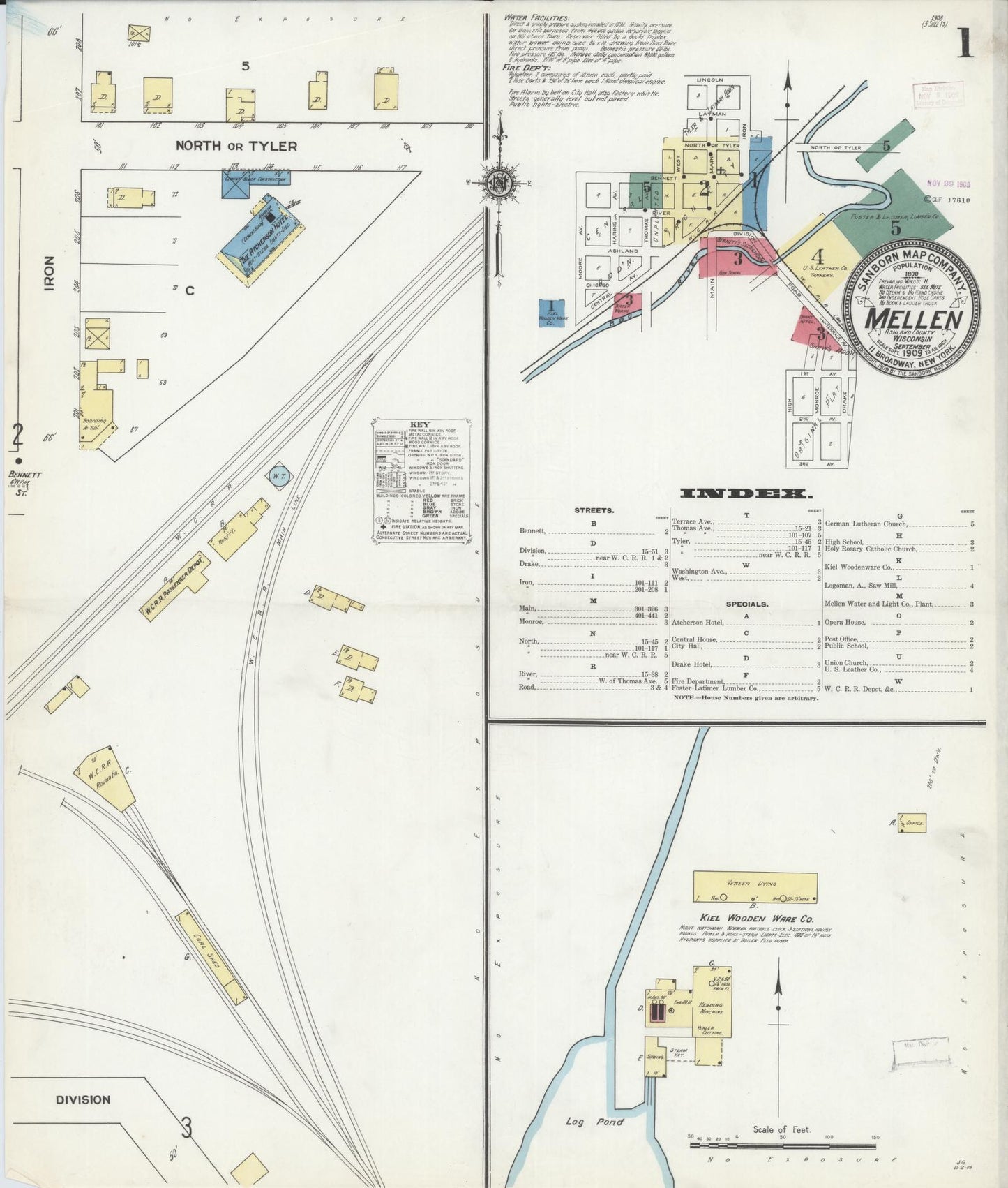 Sanborn Fire Insurance Map from Mellen, Ashland County, Wisconsin (1909), Sheet #0001 - Historic Sanborn Fire Insurance Map Print, vintage old map wall art, antique decor, genealogy gift, Wisconsin Wisconsin map
