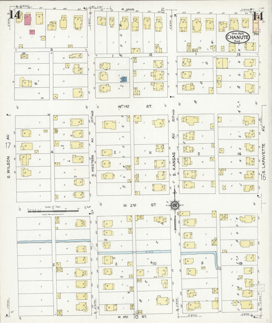 Sanborn Fire Insurance Map from Chanute, Neosho County, Kansas (1924), Sheet #0014 - Historic Sanborn Fire Insurance Map Print, vintage old map wall art, antique decor, genealogy gift, Kansas Kansas map