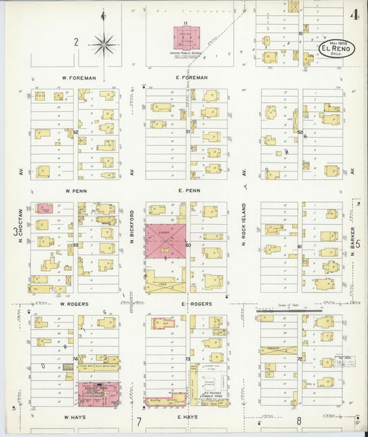 Sanborn Fire Insurance Map from El Reno, Canadian County, Oklahoma (1908), Sheet #0004 - Historic Sanborn Fire Insurance Map Print, vintage old map wall art, antique decor, genealogy gift, Oklahoma Oklahoma map