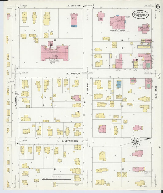 Sanborn Fire Insurance Map from Coldwater, Branch County, Michigan (1908), Sheet #0006 - Historic Sanborn Fire Insurance Map Print, vintage old map wall art, antique decor, genealogy gift, Michigan Michigan map