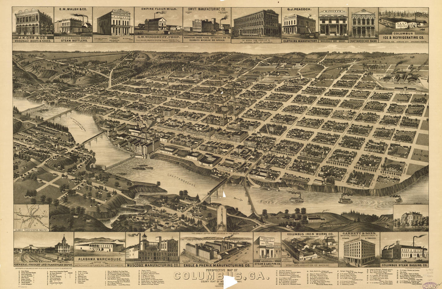 Perspective map of Columbus, Ga., county seat [of Muscogee Cou]nty, 188[6]. (1886) – Historic Bird’s-Eye View Panorama Print