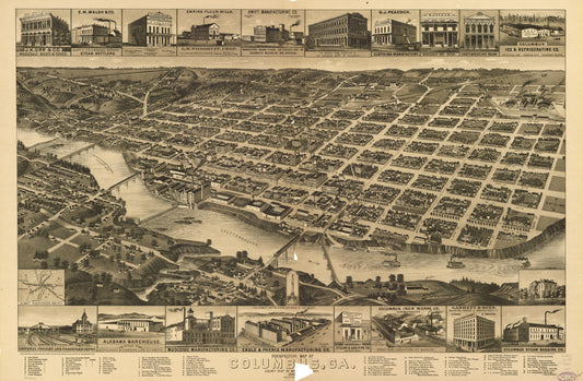 Perspective map of Columbus, Ga., county seat [of Muscogee Cou]nty, 188[6]. (1886) – Historic Bird’s-Eye View Panorama Print