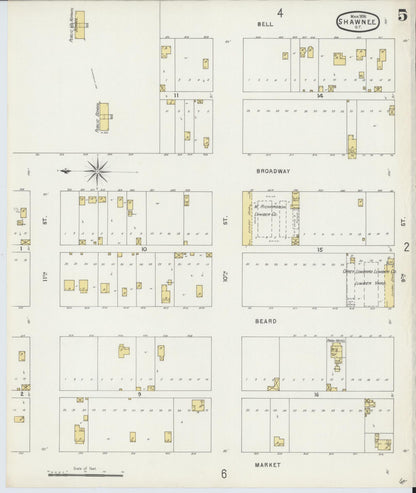 Sanborn Fire Insurance Map from Shawnee, Pottawatomie County, Oklahoma (1896), Sheet #0005 - Complete Map Set gallery image, historic Sanborn map, vintage wall art, Oklahoma Oklahoma