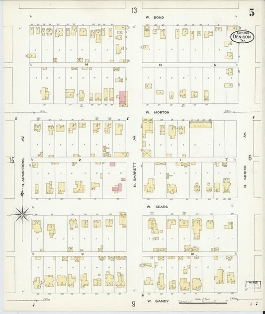 Sanborn Fire Insurance Map from Denison, Grayson County, Texas (1908), Sheet #0005 - Historic Sanborn Fire Insurance Map Print, vintage old map wall art, antique decor, genealogy gift, Texas Texas map