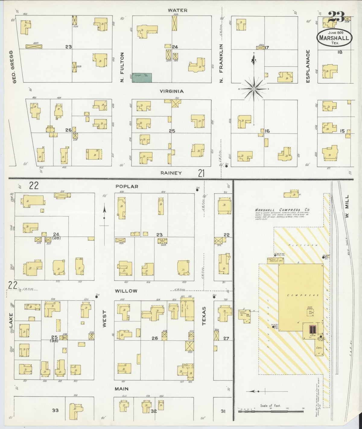 Sanborn Fire Insurance Map from Marshall, Harrison County, Texas (1909), Sheet #0023 - Complete Map Set gallery image, historic Sanborn map, vintage wall art, Texas Texas