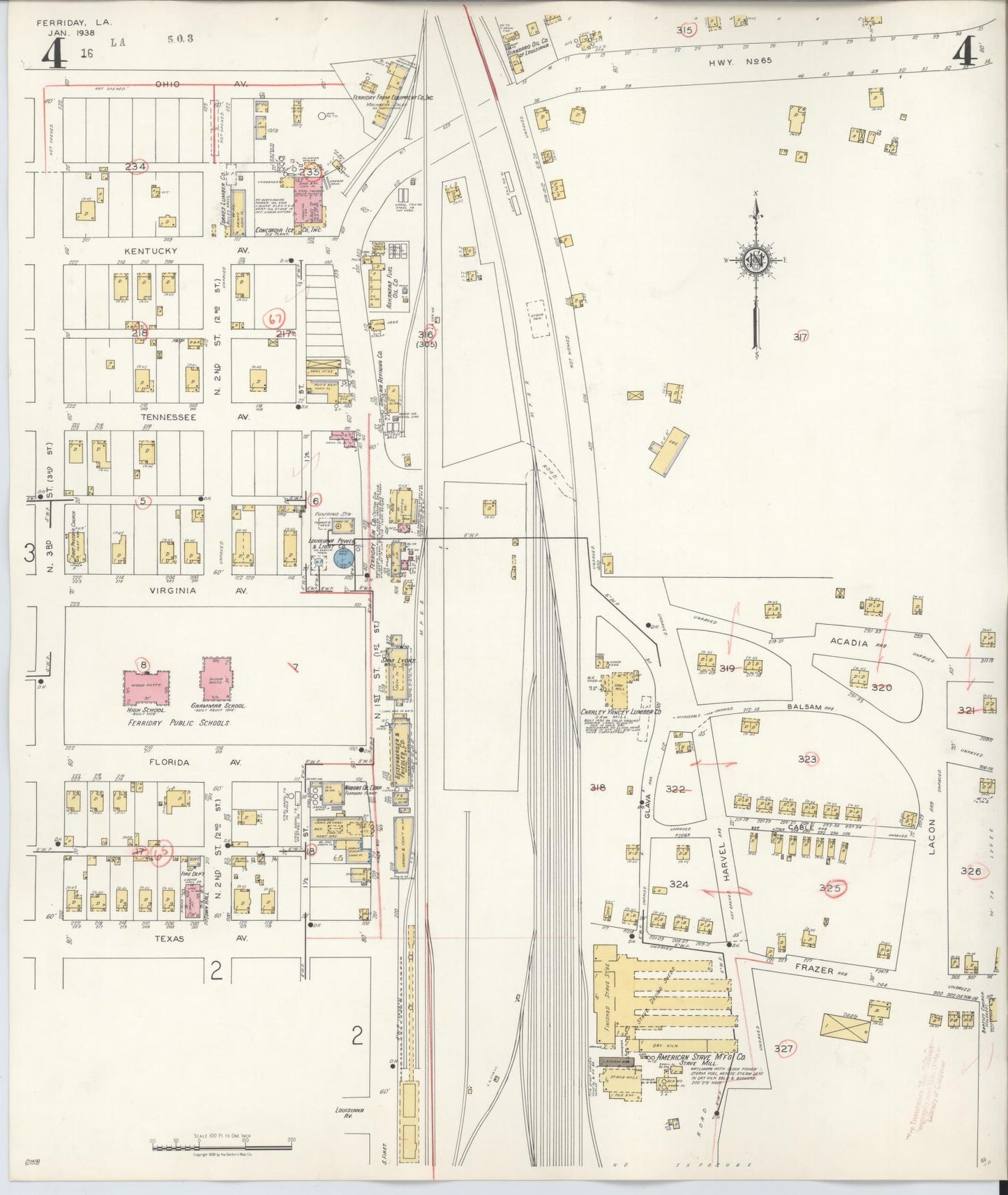 Sanborn Fire Insurance Map from Ferriday, Concordia Parish, Louisiana (1938), Sheet #0004 - Historic Sanborn Fire Insurance Map Print, vintage old map wall art, antique decor, genealogy gift, Louisiana Louisiana map