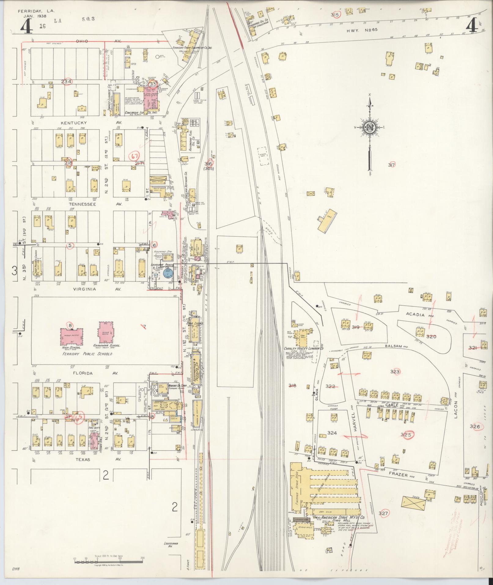 Sanborn Fire Insurance Map from Ferriday, Concordia Parish, Louisiana (1938), Sheet #0004 - Historic Sanborn Fire Insurance Map Print, vintage old map wall art, antique decor, genealogy gift, Louisiana Louisiana map