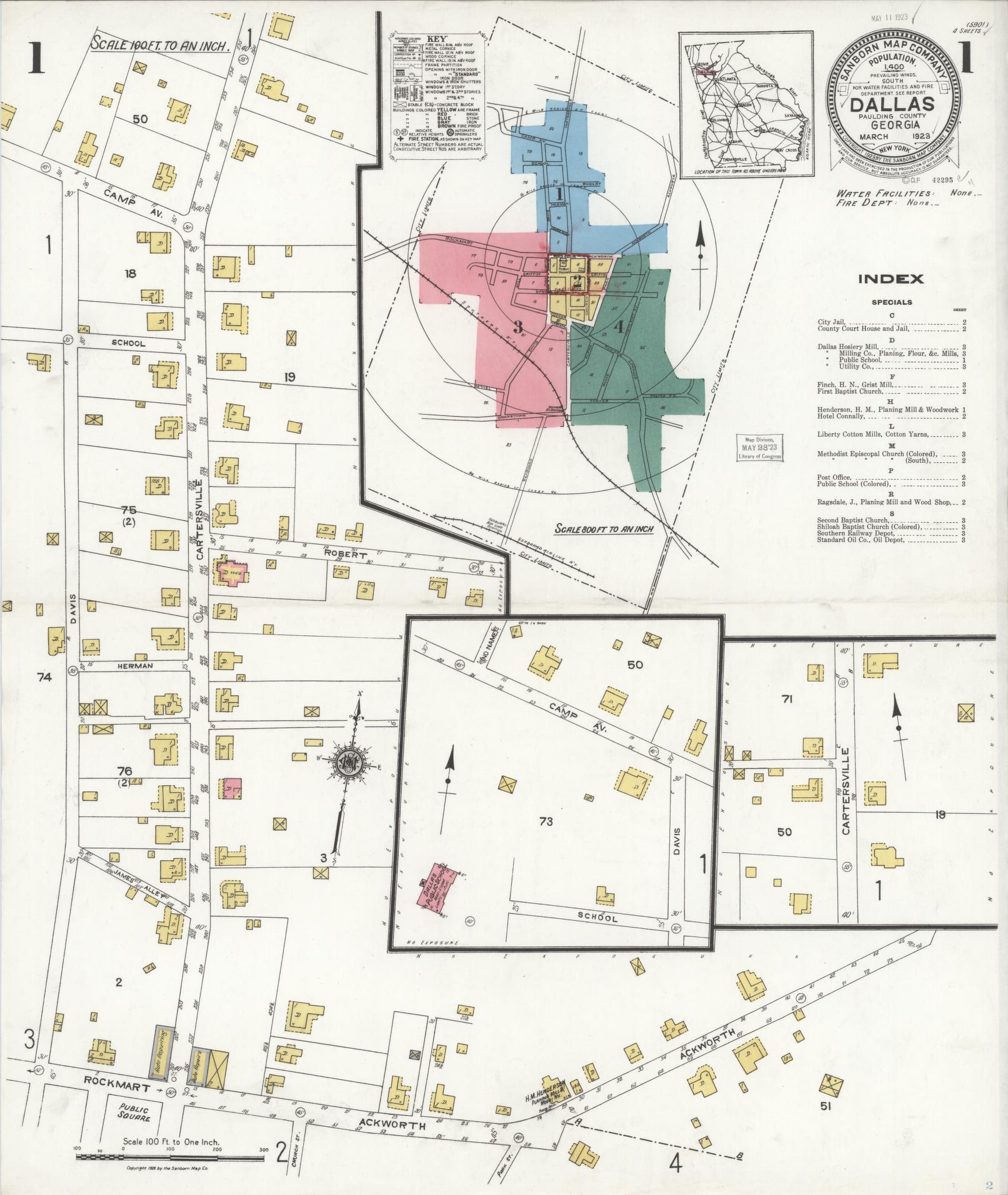 Sanborn Fire Insurance Map from Dallas, Paulding County, Georgia (1923), Sheet #0001 - Complete Map Set gallery image, historic Sanborn map, vintage wall art, Georgia Georgia