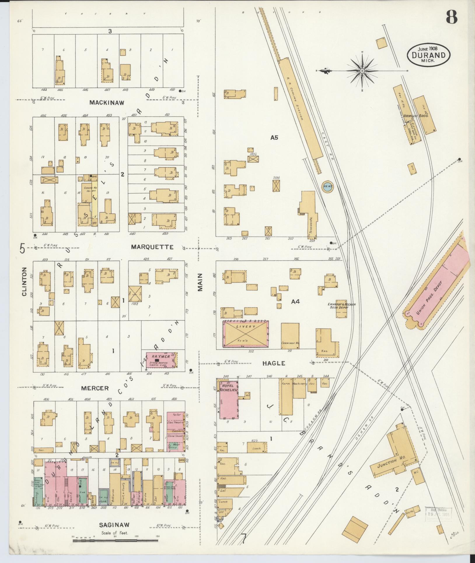 Sanborn Fire Insurance Map from Durand, Shiawassee County, Michigan (1908), Sheet #0008 - Complete Map Set gallery image, historic Sanborn map, vintage wall art, Michigan Michigan