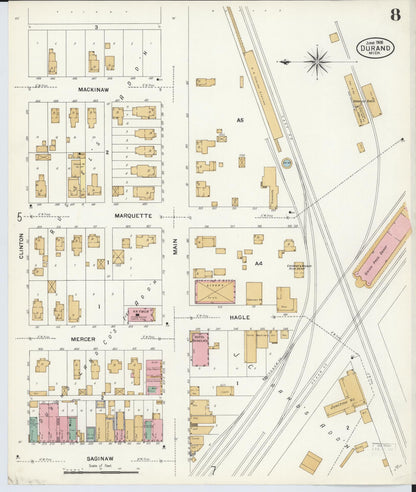 Sanborn Fire Insurance Map from Durand, Shiawassee County, Michigan (1908), Sheet #0008 - Complete Map Set gallery image, historic Sanborn map, vintage wall art, Michigan Michigan