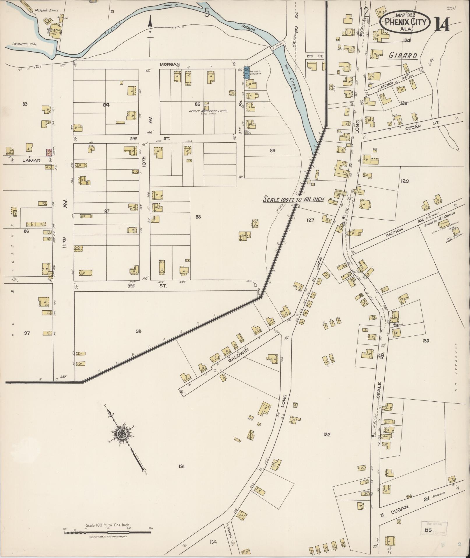Sanborn Fire Insurance Map from Phenix City, Lee And Russell Counties, Alabama (1922), Sheet #0014 - Complete Map Set gallery image, historic Sanborn map, vintage wall art, Alabama Alabama