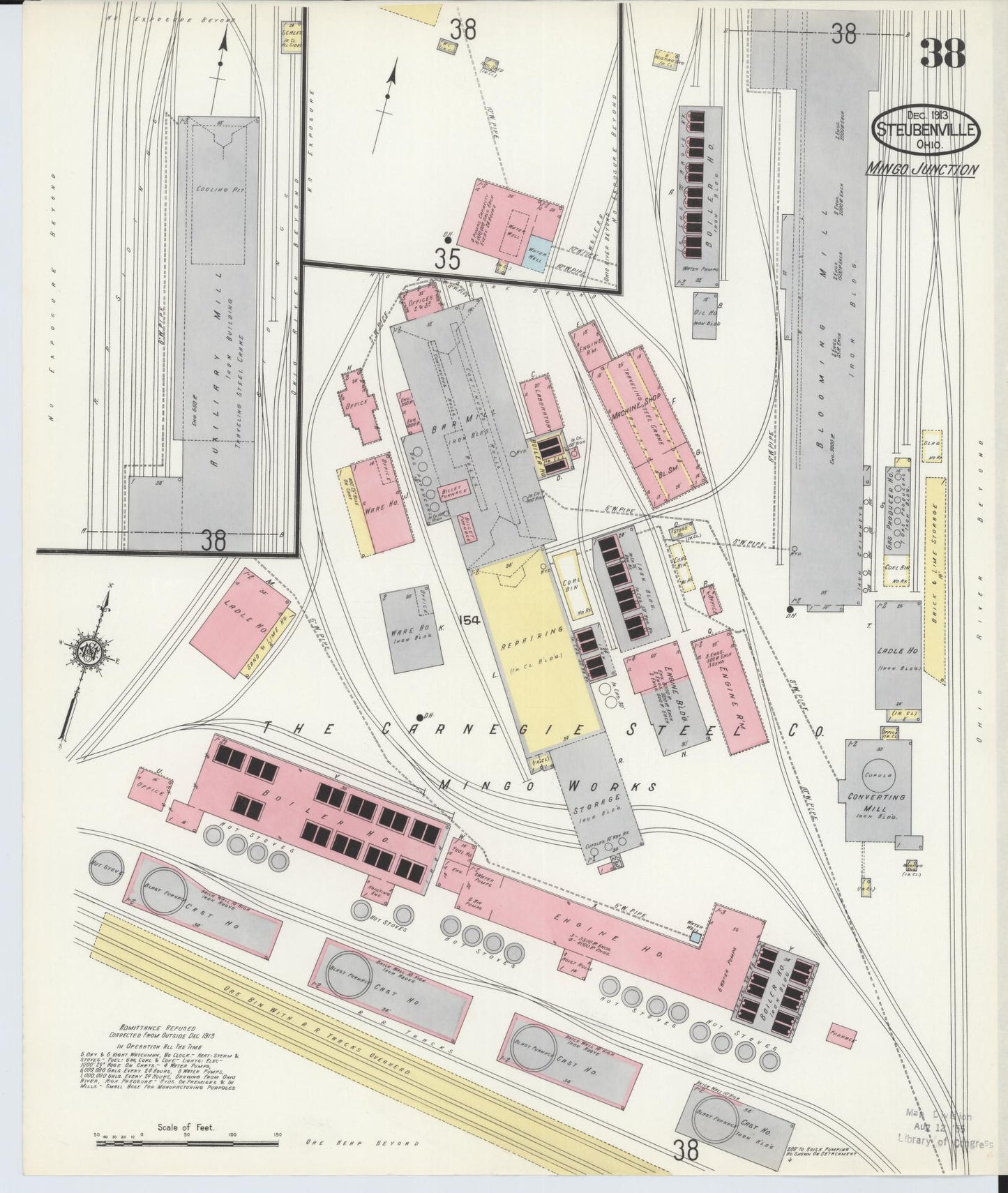 Sanborn Fire Insurance Map from Steubenville, Jefferson County, Ohio (1913), Sheet #0038 - Historic Sanborn Fire Insurance Map Print, vintage old map wall art, antique decor, genealogy gift, Ohio Ohio map