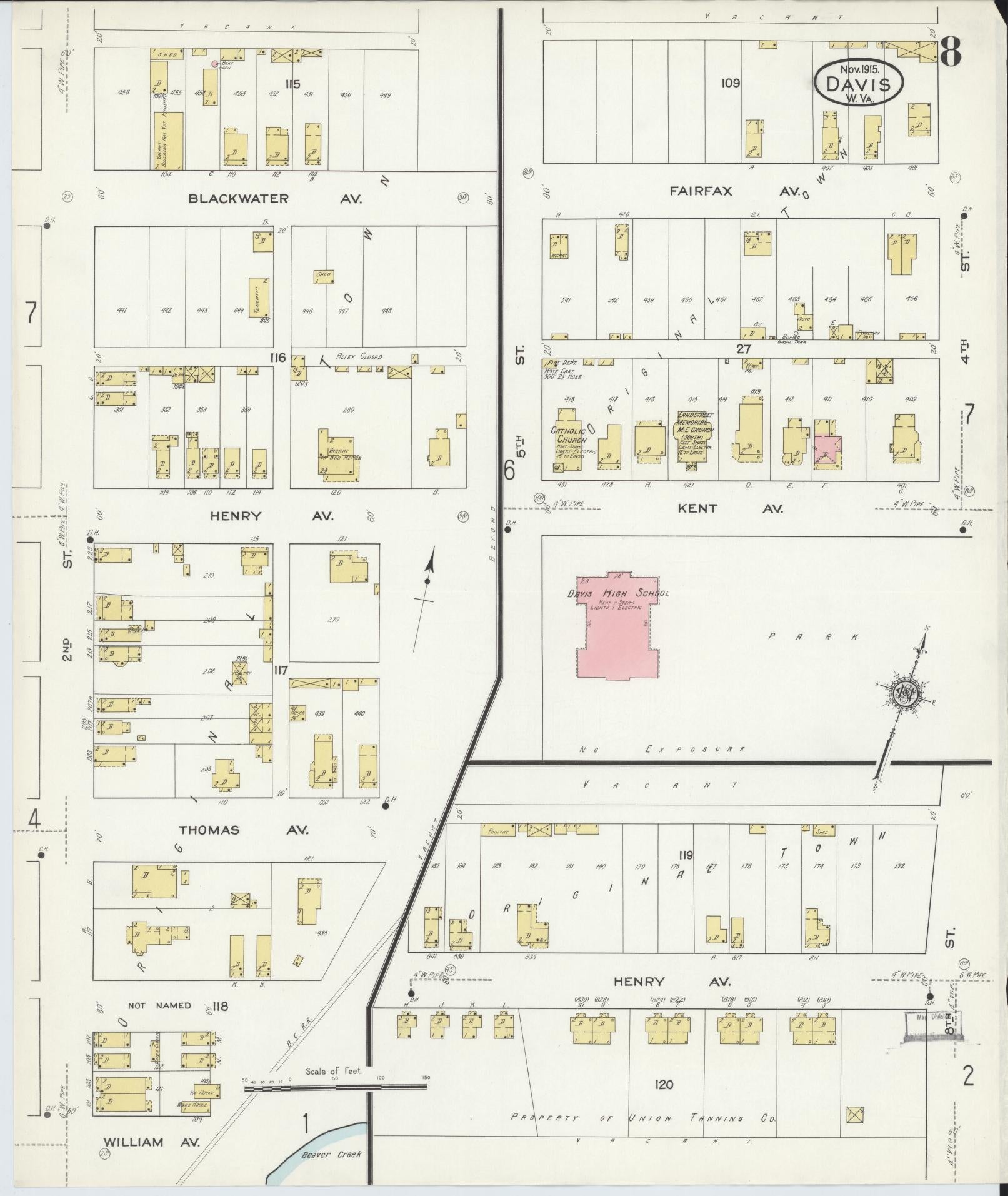 Sanborn Fire Insurance Map from Davis, Tucker County, West Virginia (1915), Sheet #0008 - Historic Sanborn Fire Insurance Map Print, vintage old map wall art, antique decor, genealogy gift, West Virginia West Virginia map