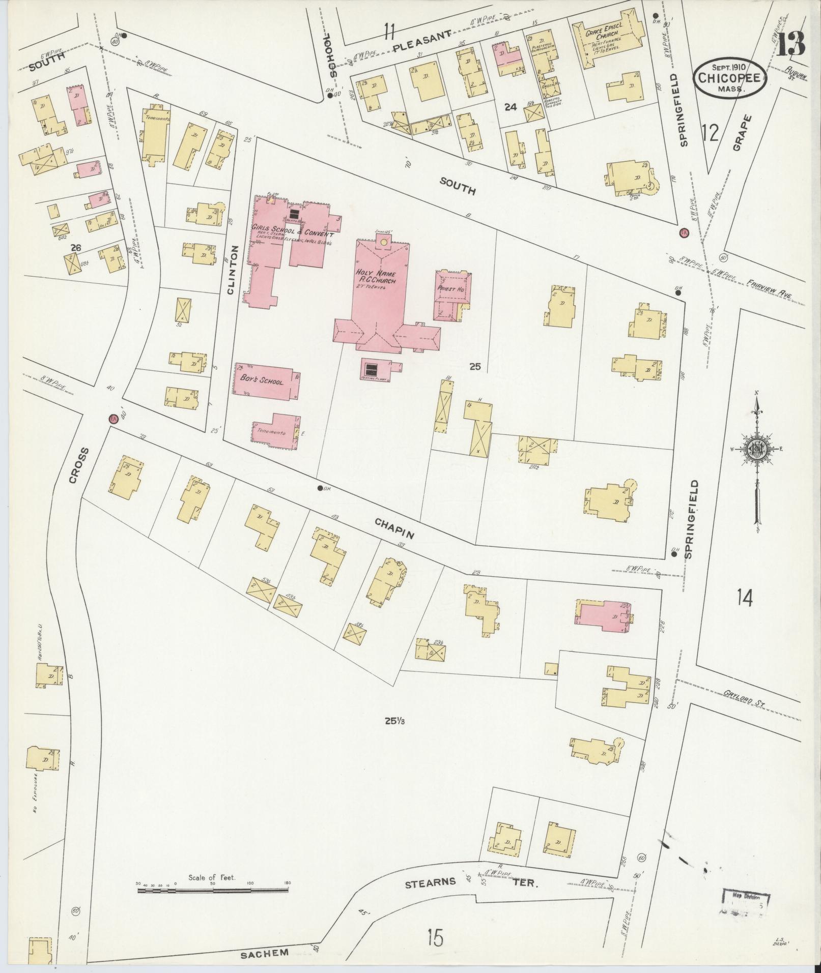 Sanborn Fire Insurance Map from Chicopee, Hampden County, Massachusetts (1910), Sheet #0013 - Historic Sanborn Fire Insurance Map Print, vintage old map wall art, antique decor, genealogy gift, Massachusetts Massachusetts map