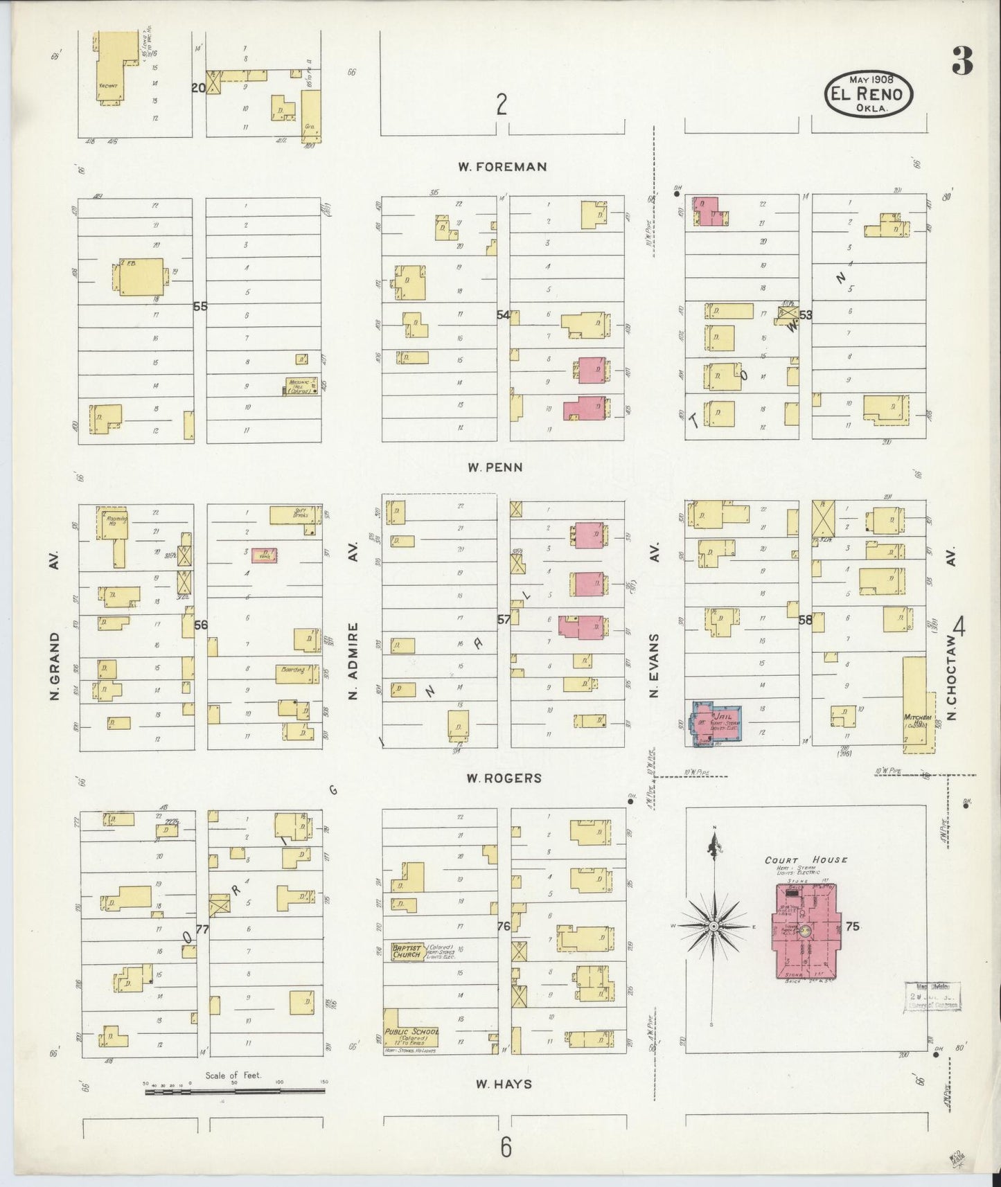 Sanborn Fire Insurance Map from El Reno, Canadian County, Oklahoma (1908), Sheet #0003 - Complete Map Set gallery image, historic Sanborn map, vintage wall art, Oklahoma Oklahoma